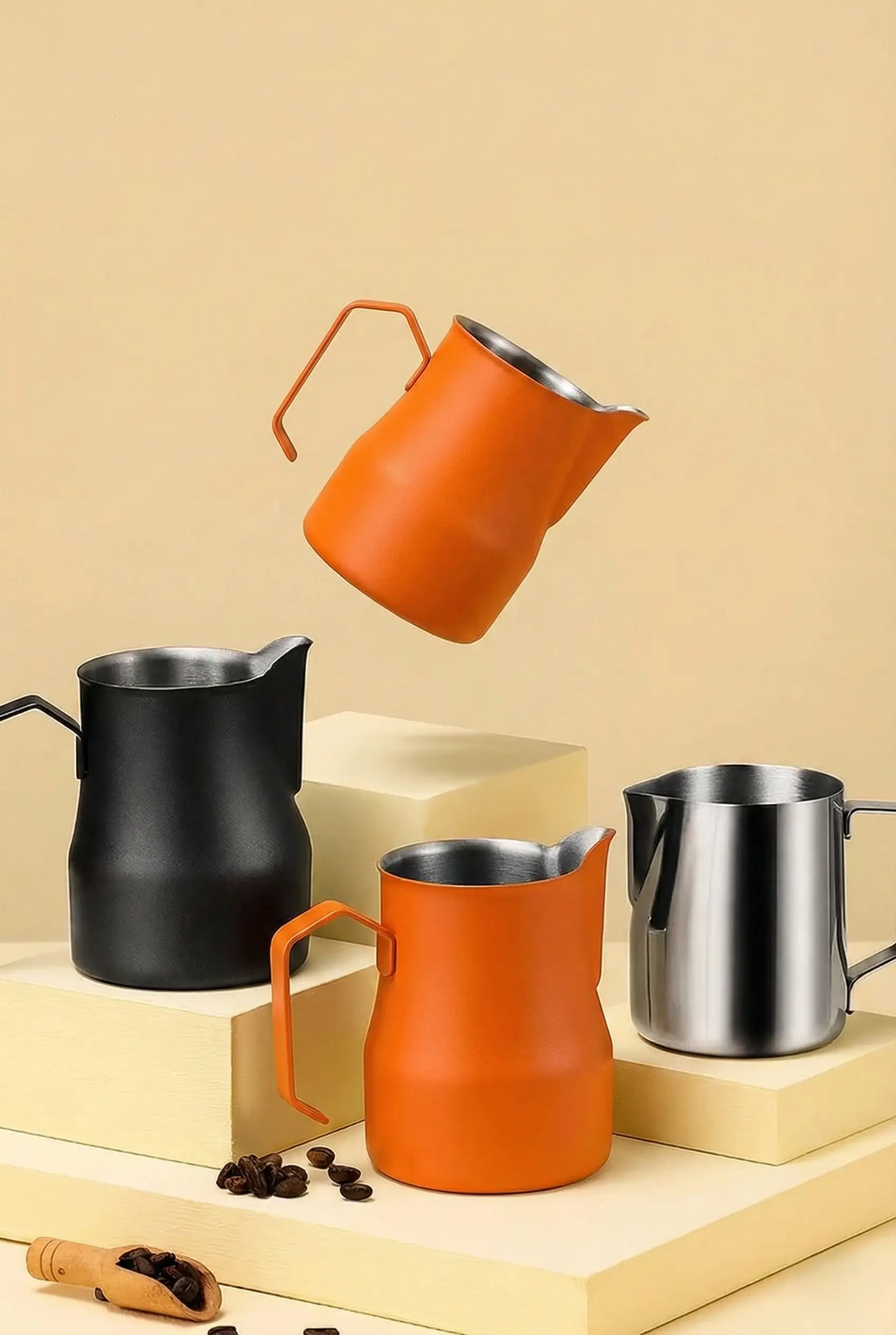 500 ml Turuncu Paslanmaz Çelik Pitcher - Kahve Süt Köpürtme Potu