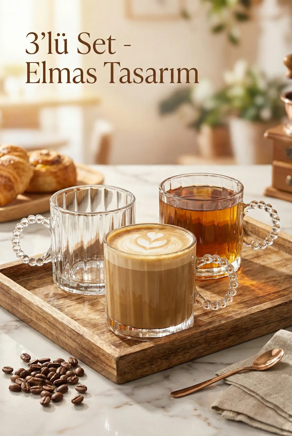 3’lü Boncuk Kulplu Çay, Kahve, Kokteyl ve Meşrubat Bardağı Seti