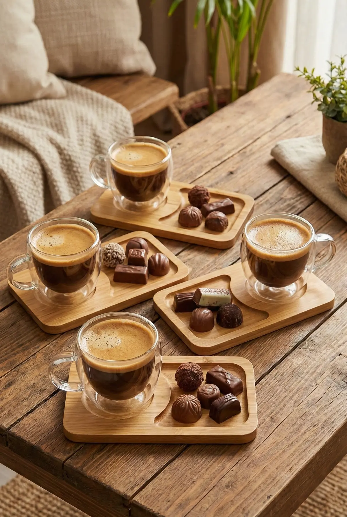 8 Parça 4 Kişilik Çift Cidarlı Bardak ve Bambu Tabaklı Espresso & Kahve Fincan Takımı