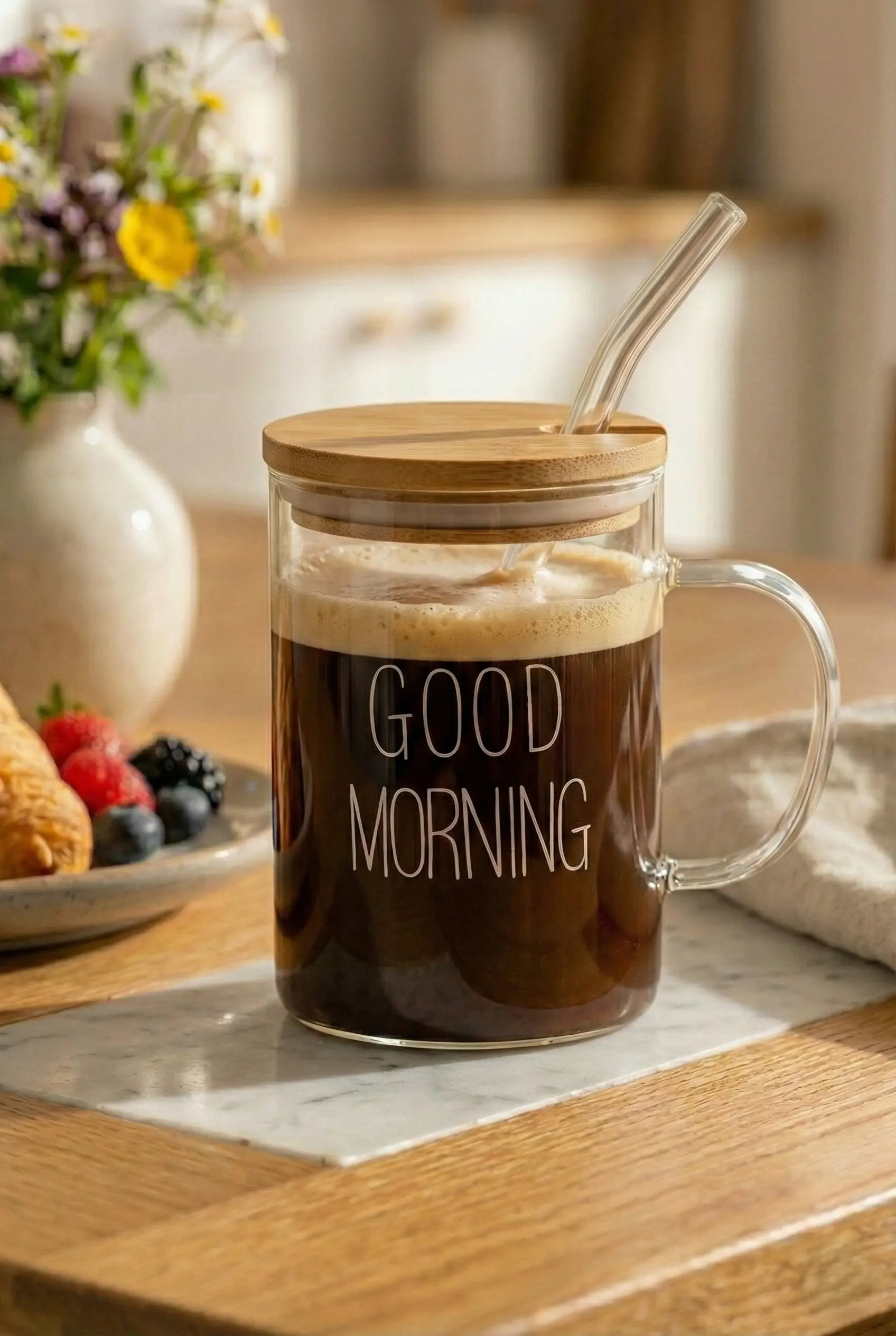 400 ml Bambu Kapaklı Isıya Dayanıklı Borosilikat Cam Kupa ve Sunum Bardağı