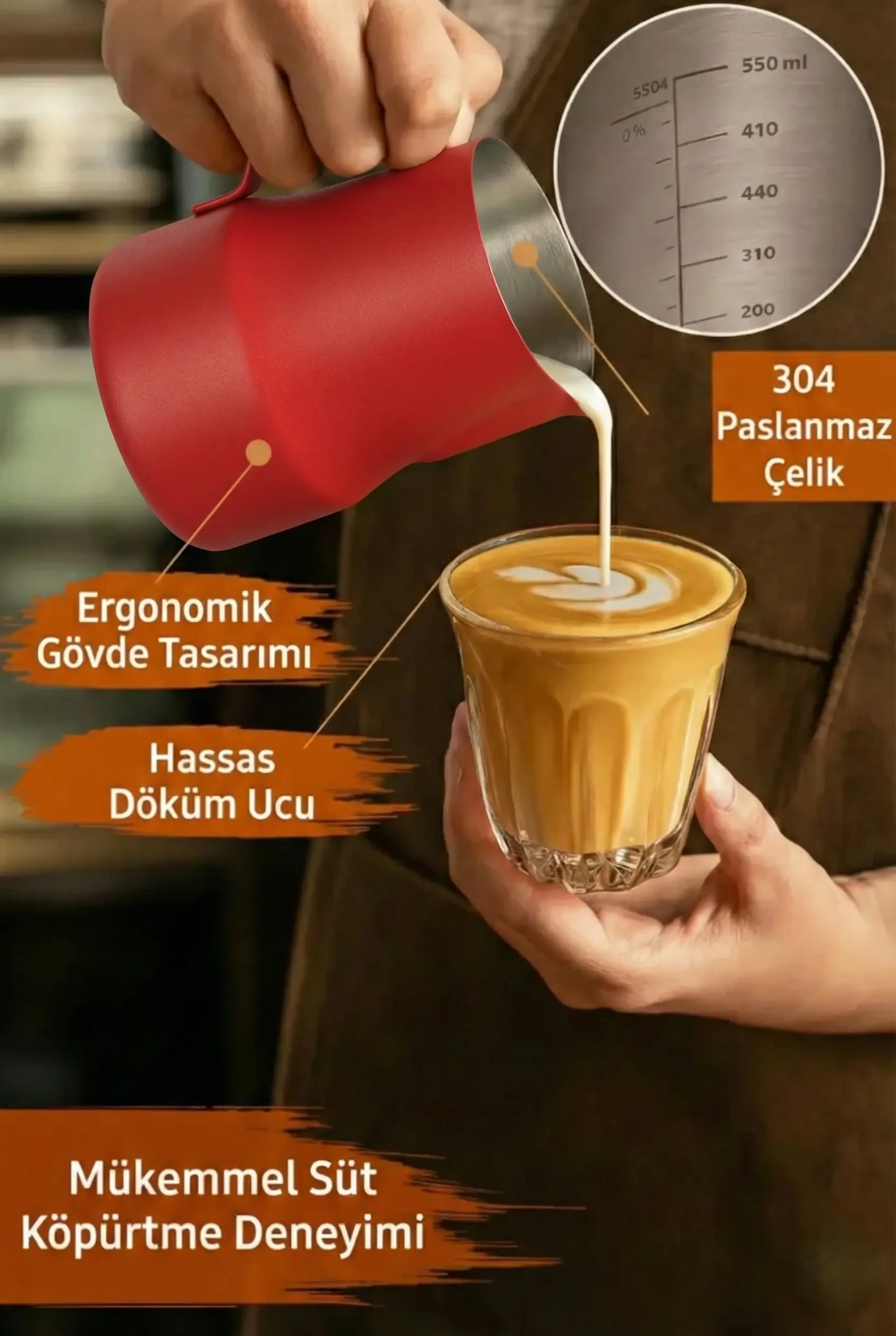 500 ml Kırmızı Paslanmaz Çelik Pitcher - Kahve Süt Köpürtme Potu