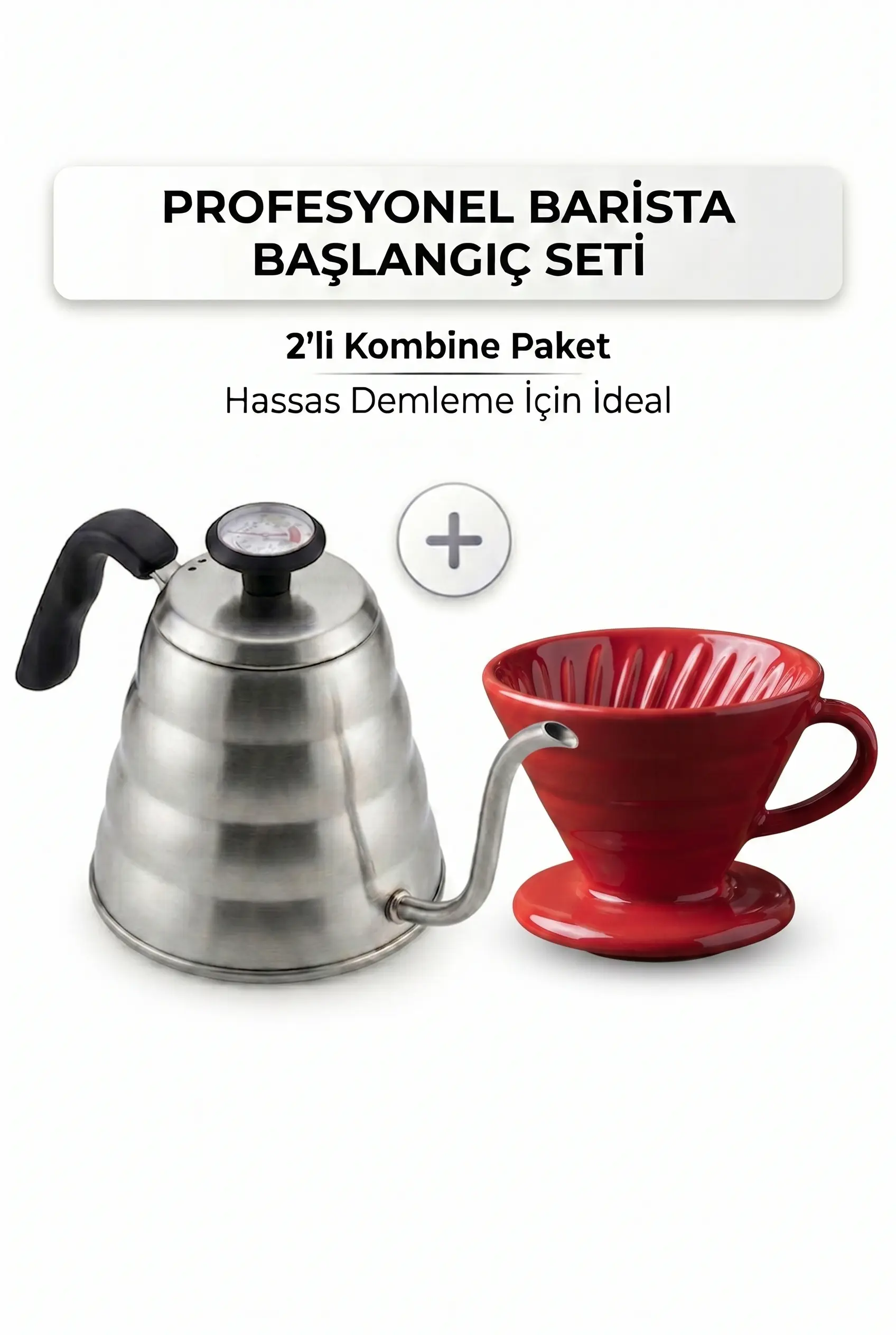 V60 Kahve Demleme Seti Termometreli Barista Kettle ve Kırmızı Seramik Dripper