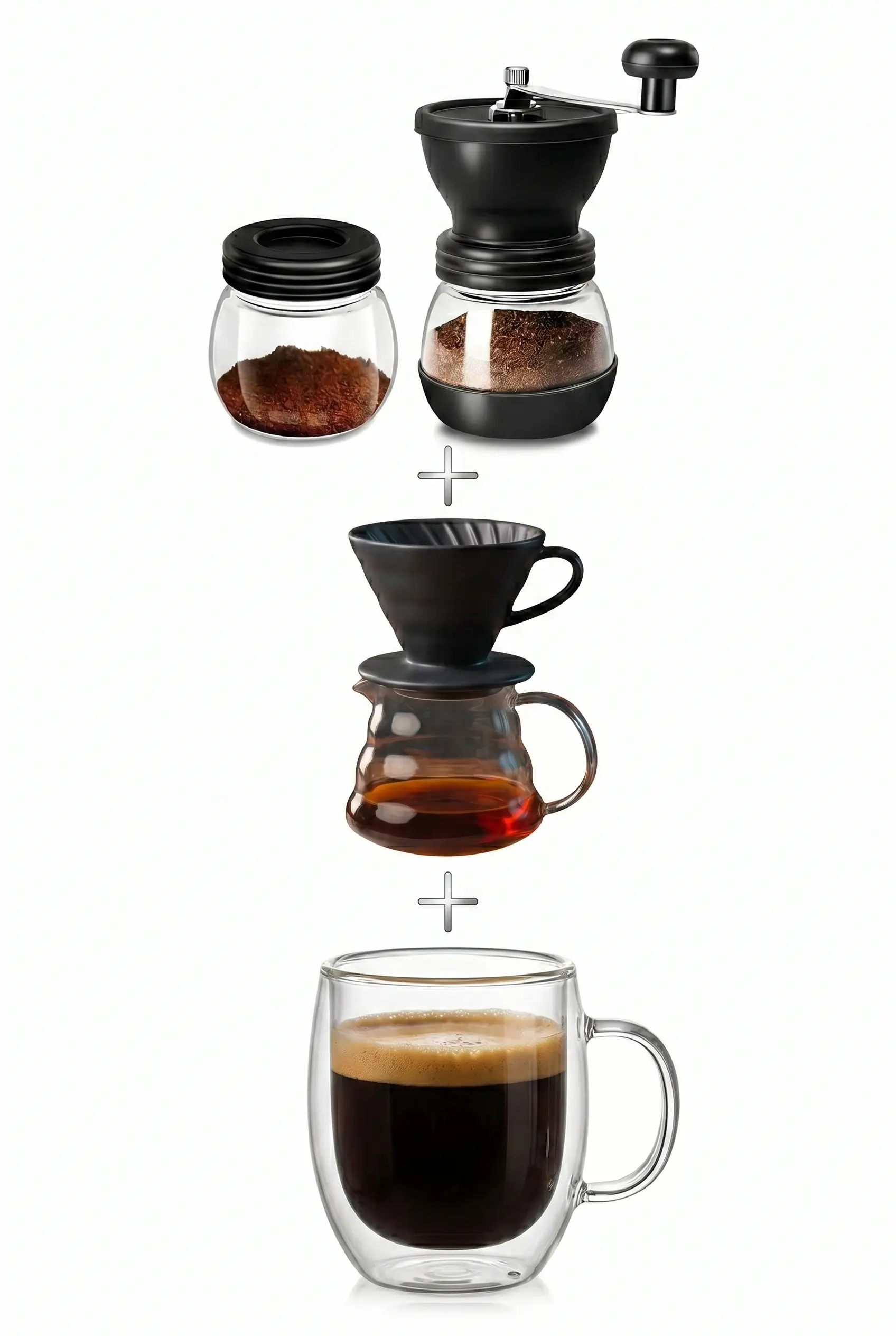 V60 Kahve Seti Manuel Kahve Değirmeni Siyah Dripper ve Çift Cidarlı Bardak