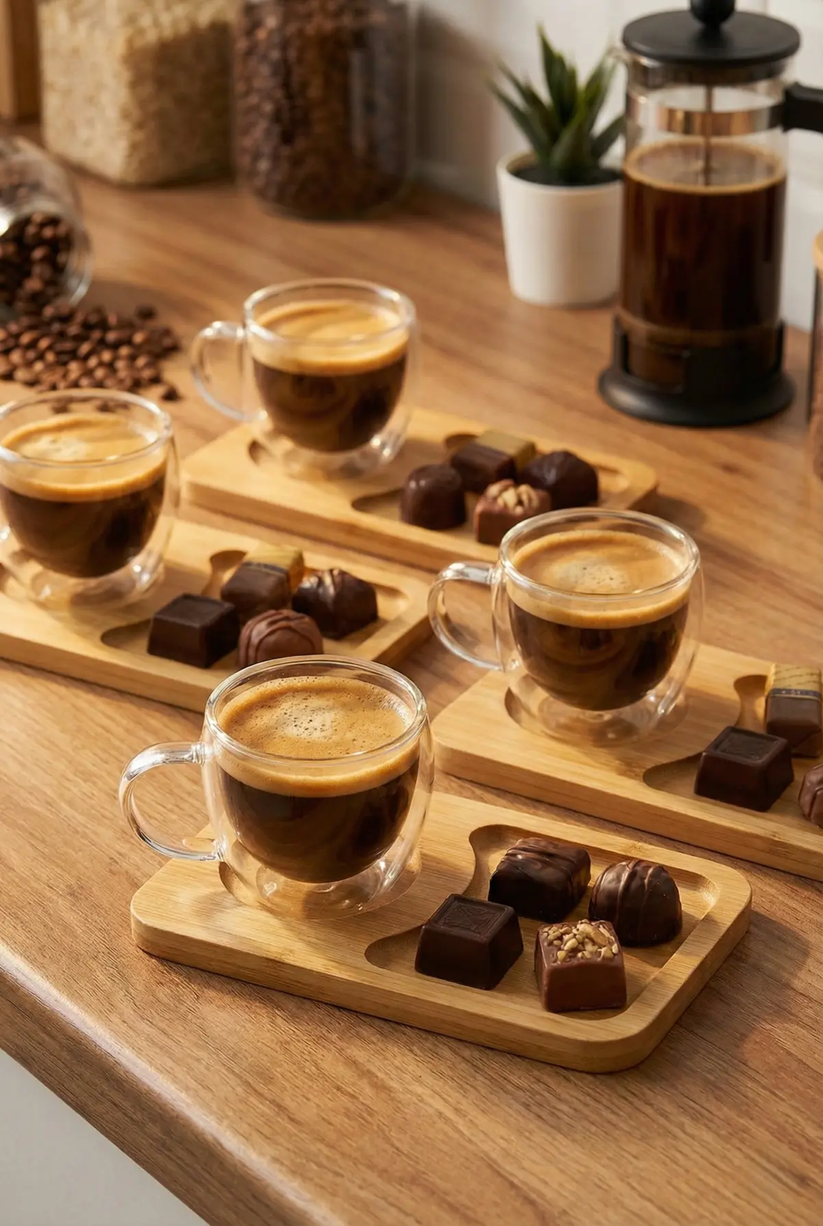 8 Parça 4 Kişilik Çift Cidarlı Bardak ve Bambu Tabaklı Espresso & Kahve Fincan Takımı