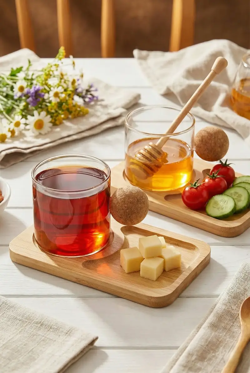 120 ml 2’li 4 Parça Mantar Kulplu Borosilikat Cam ve Bambu Tabaklı Fincan Takımı