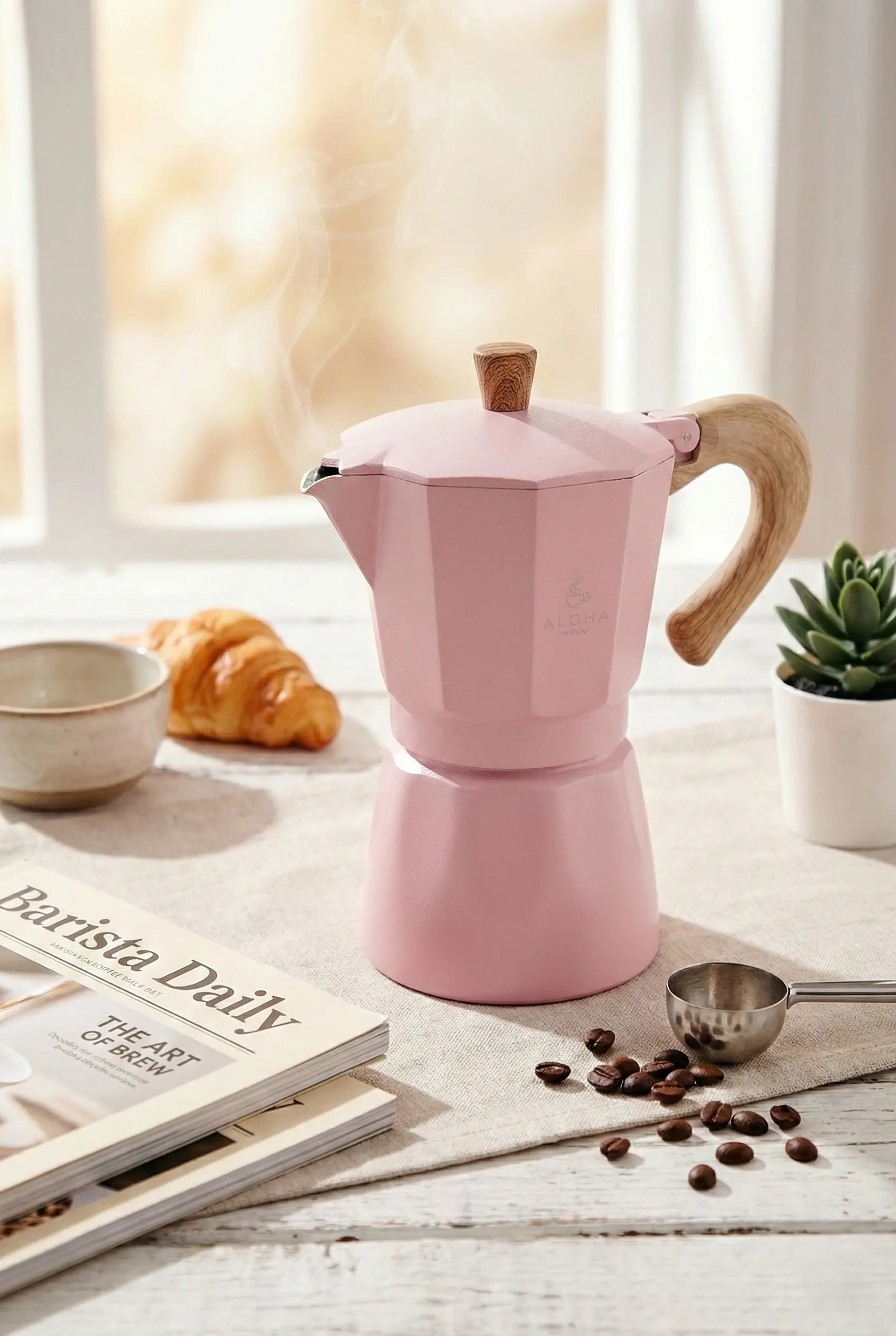 Pembe 6 Fincan Kapasiteli Moka Pot - Ocak Üstü İtalyan Espresso Makinesi