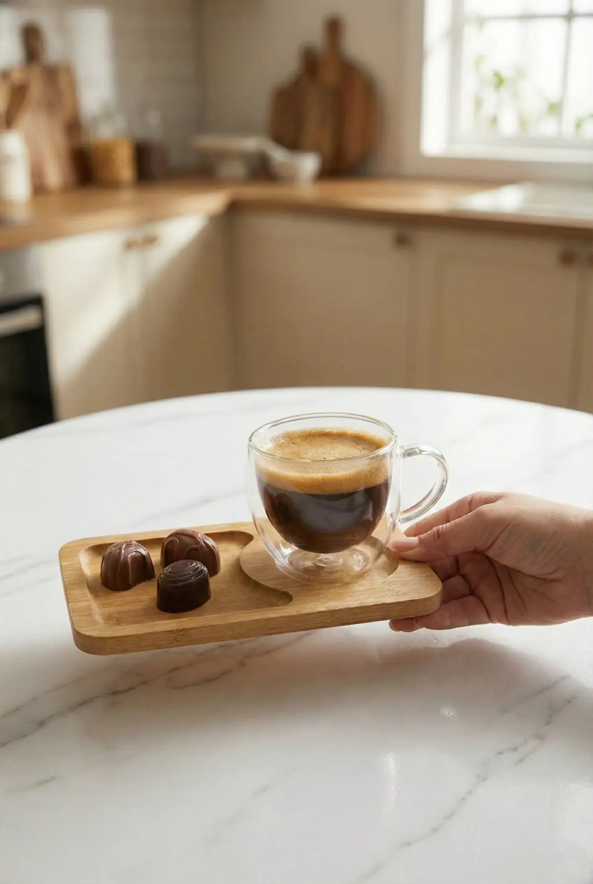 4 Parça 2 Kişilik Çift Cidarlı Bardak ve Bambu Tabaklı Espresso & Kahve Fincan Takımı