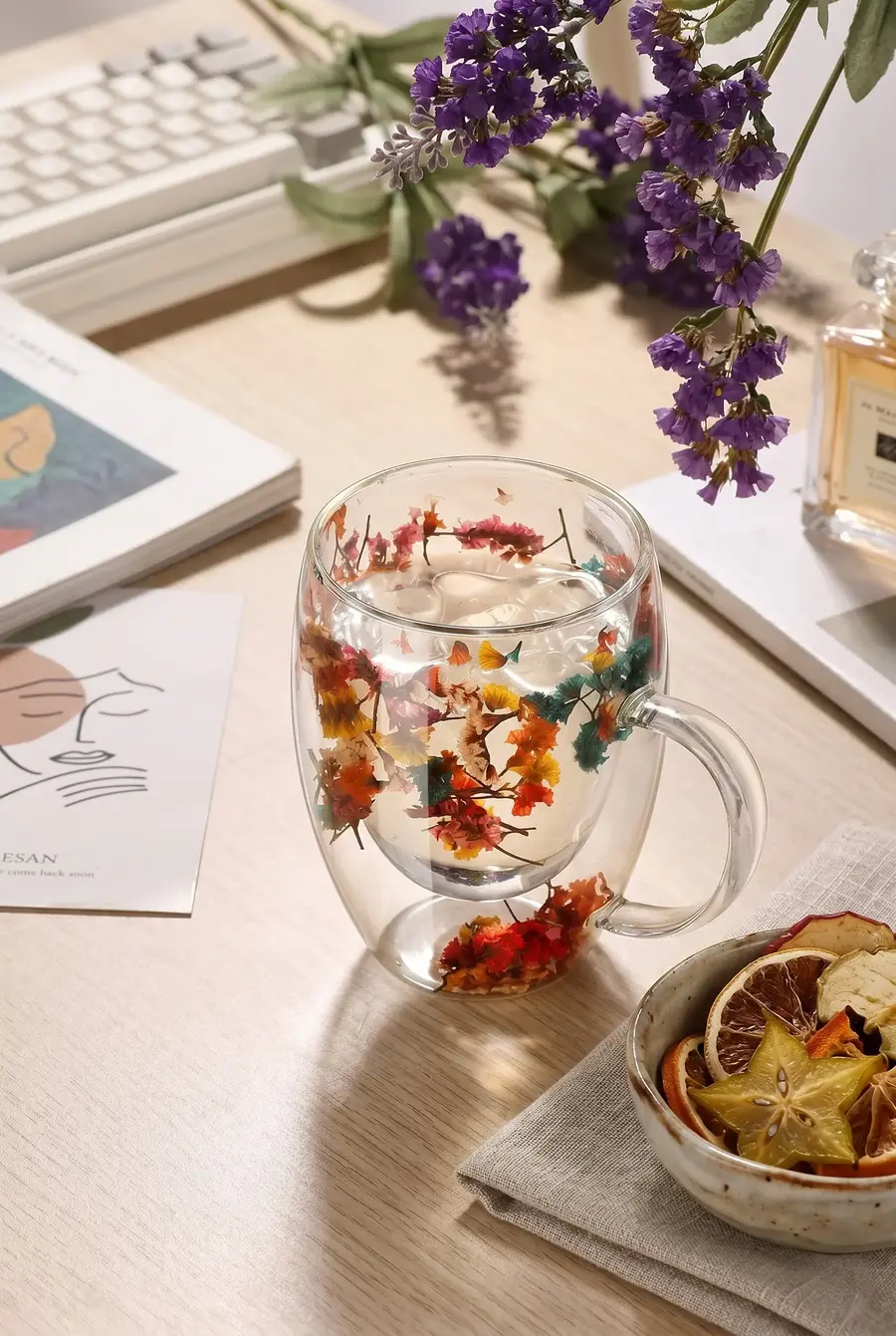 6’lı Çift Cidarlı Flower Cup Dekoratif Çiçekli Borosilikat Cam Bardak Seti 350 ml