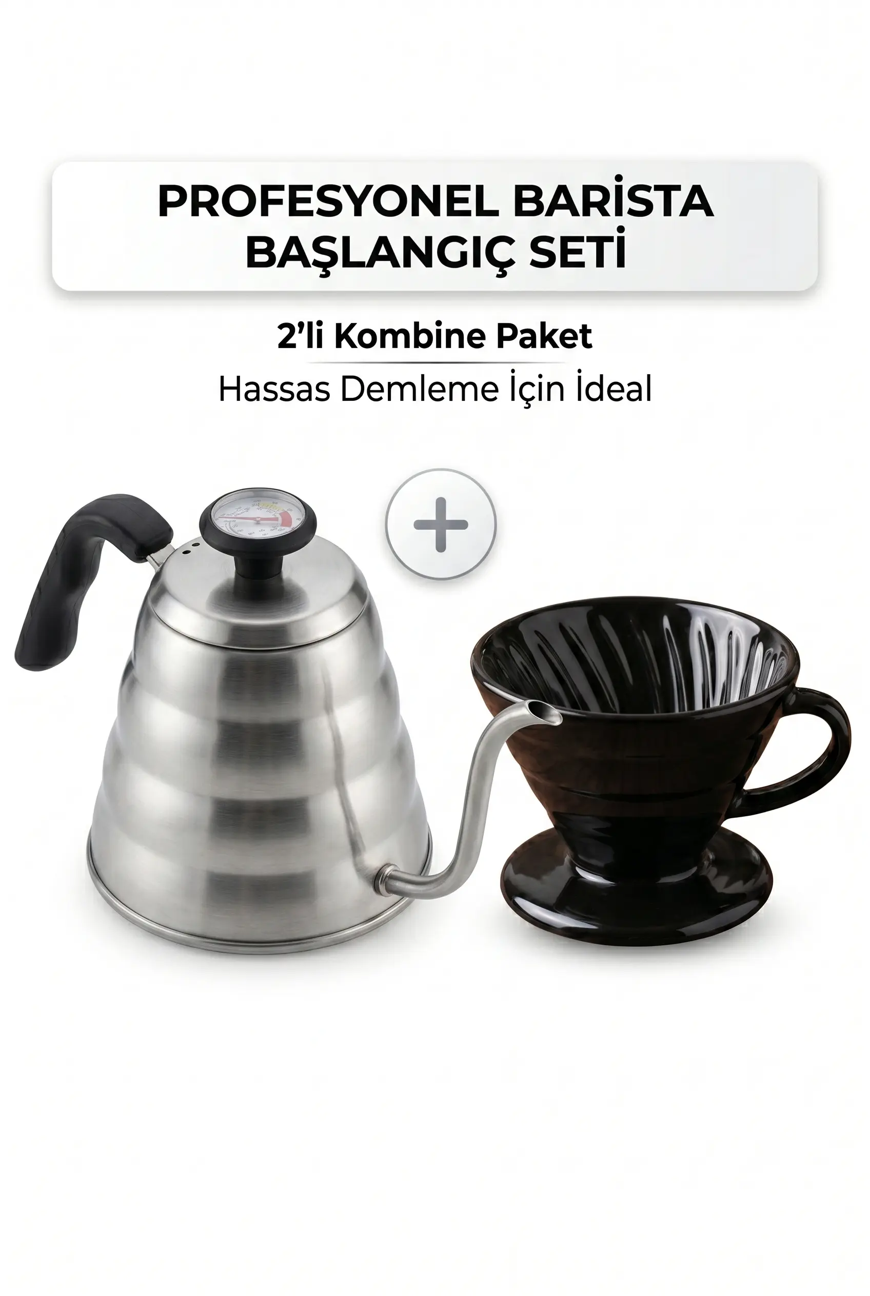V60 Kahve Demleme Seti Termometreli Barista Kettle ve Siyah Seramik Dripper