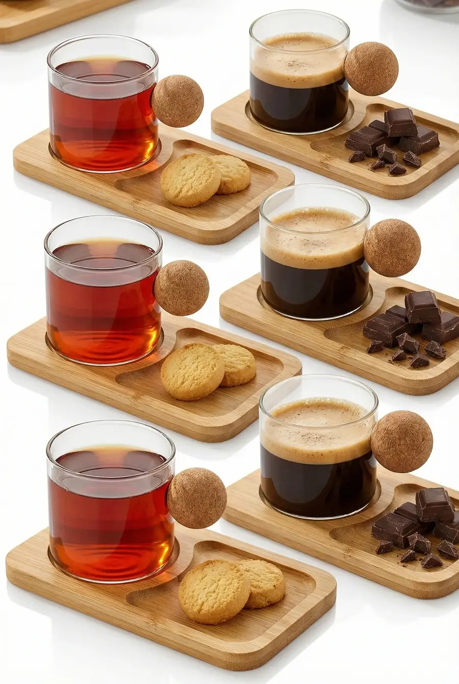 120 ml 6’lı 12 Parça Mantar Kulplu Borosilikat Cam ve Bambu Tabaklı Fincan Takımı
