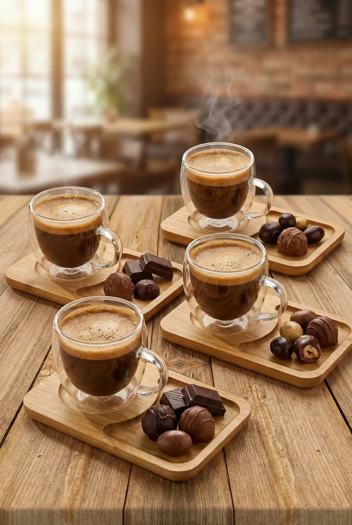 8 Parça 4 Kişilik Çift Cidarlı Bardak ve Bambu Tabaklı Espresso & Kahve Fincan Takımı