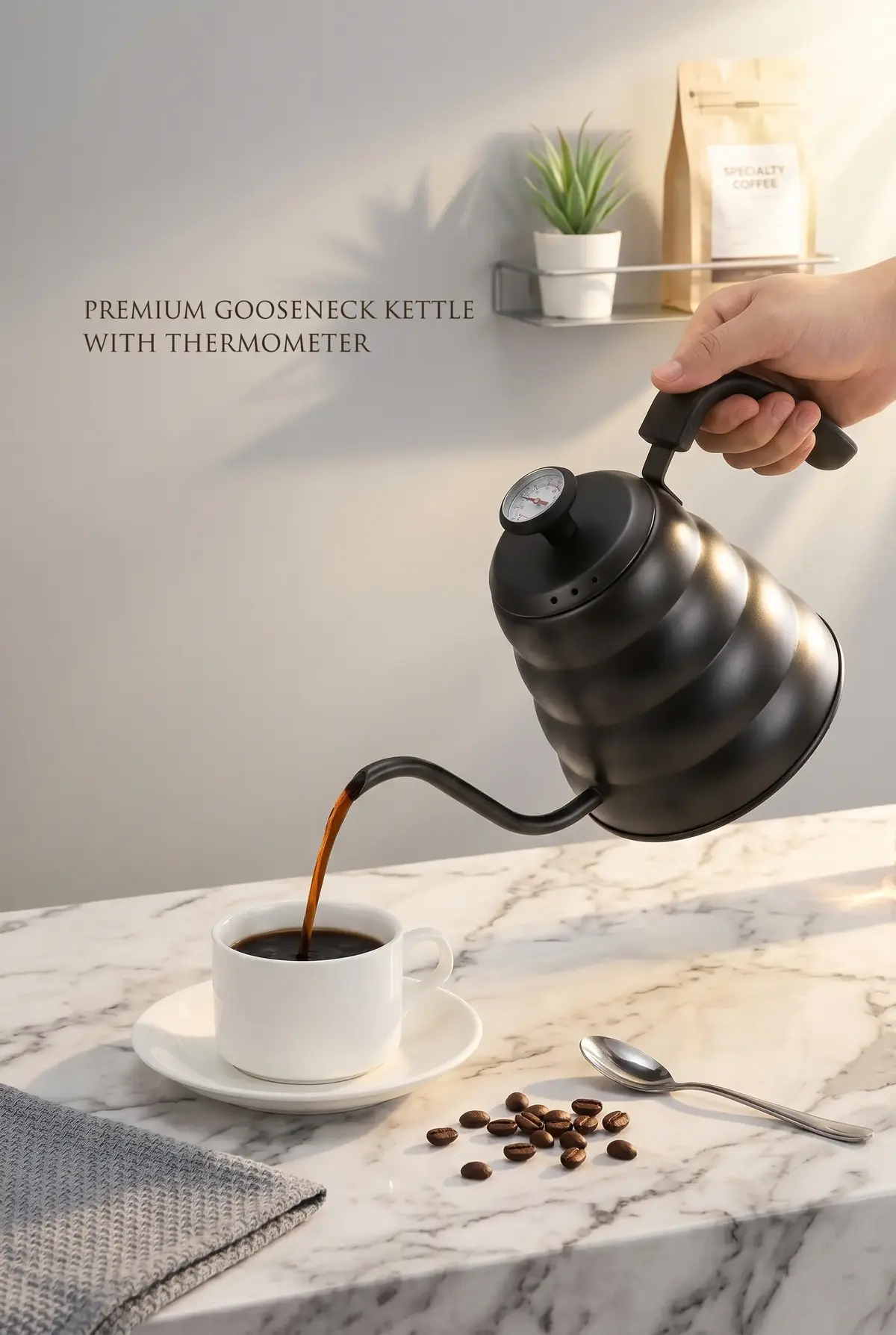 1200 ml Siyah Termometre Göstergeli Barista Kettle 3. Nesil Kahve Demleme Ekipmanı