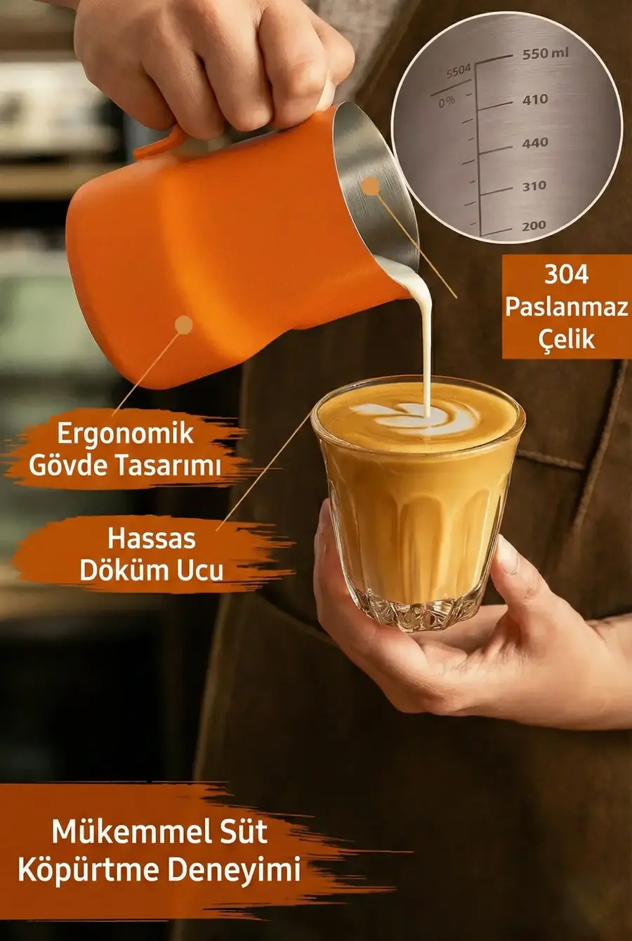 500 ml Turuncu Paslanmaz Çelik Pitcher - Kahve Süt Köpürtme Potu