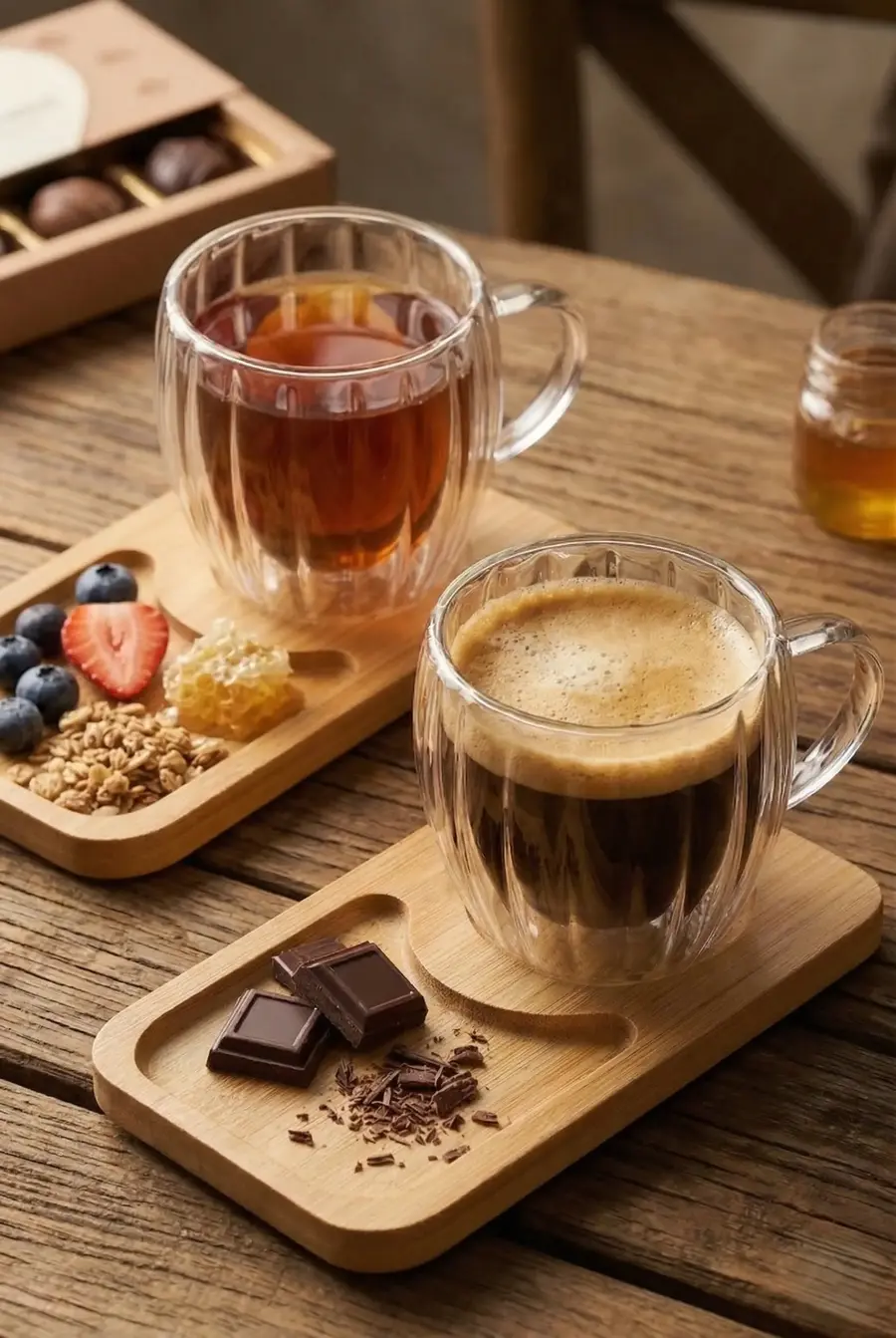 120 ml 2’li 4 Parça Çift Cidarlı Bardak ve Bambu Tabaklı Espresso Fincan Takımı