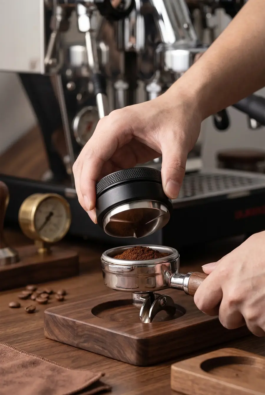 58 mm Makaron Tamper ve Profesyonel Kahve Düzleme Aparatı - Çelik