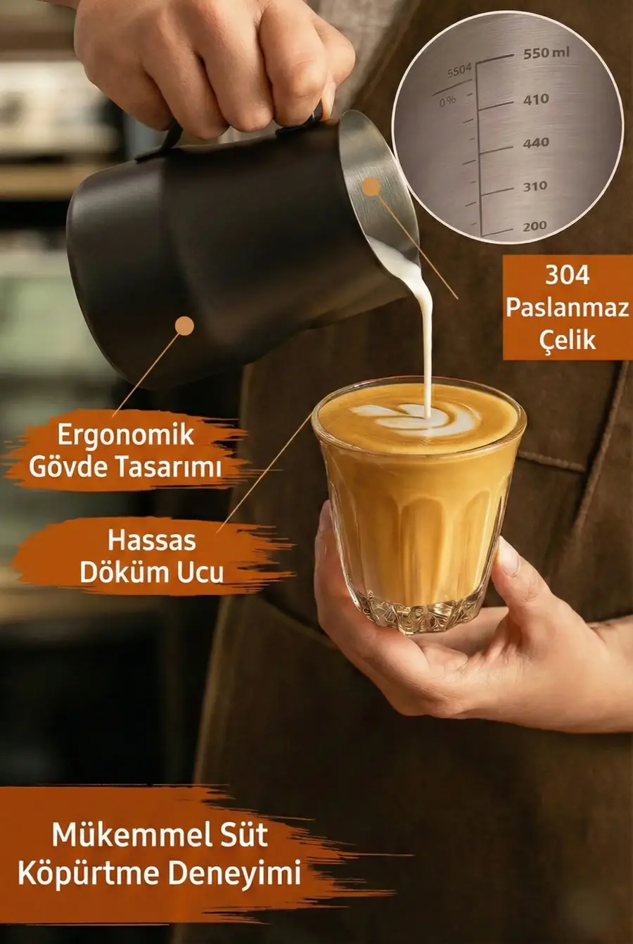 500 ml Siyah Paslanmaz Çelik Pitcher - Kahve Süt Köpürtme Potu