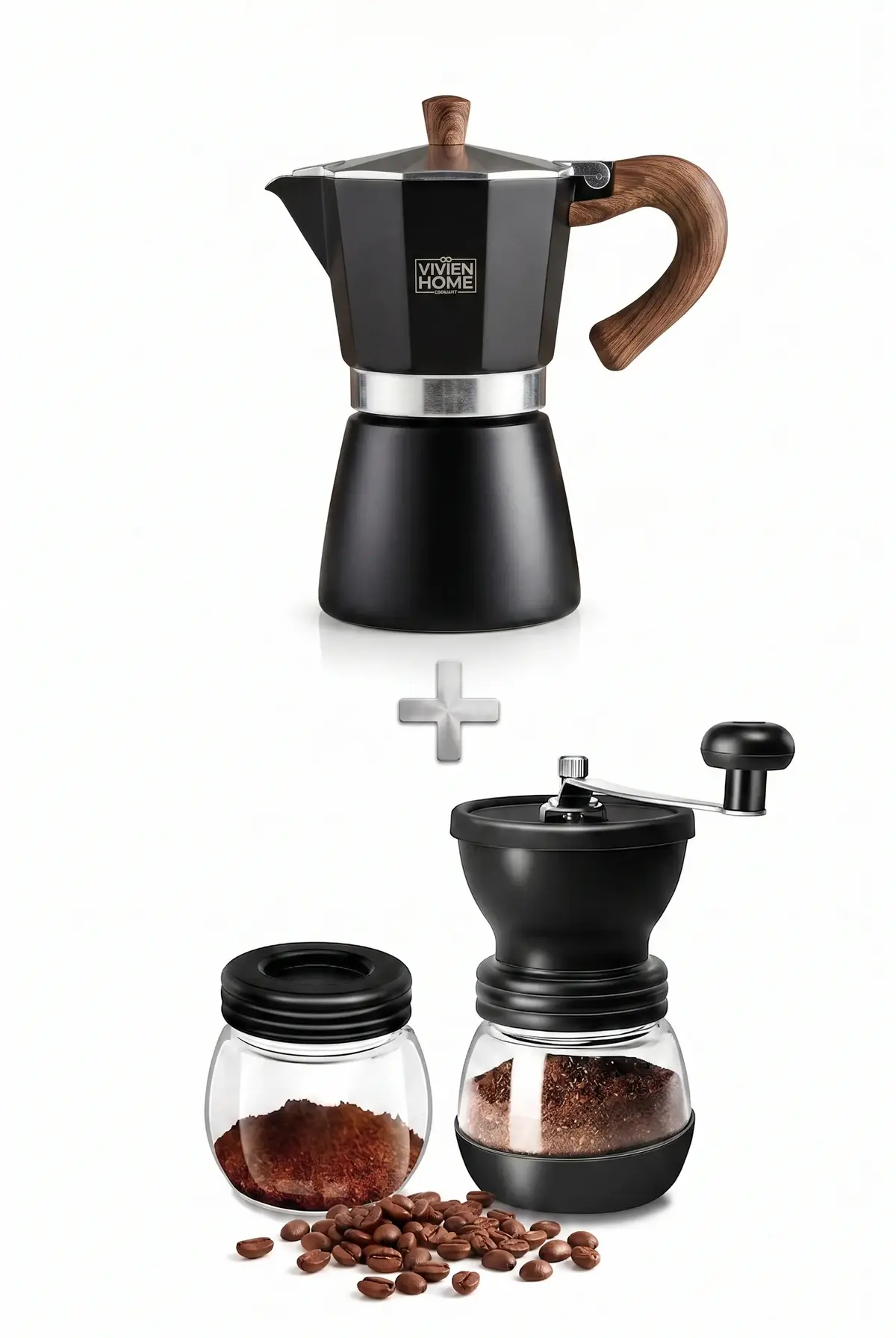 Moka Pot Kahve Seti Manuel Kahve Değirmeni ve 6 Fincan Siyah Moka Pot