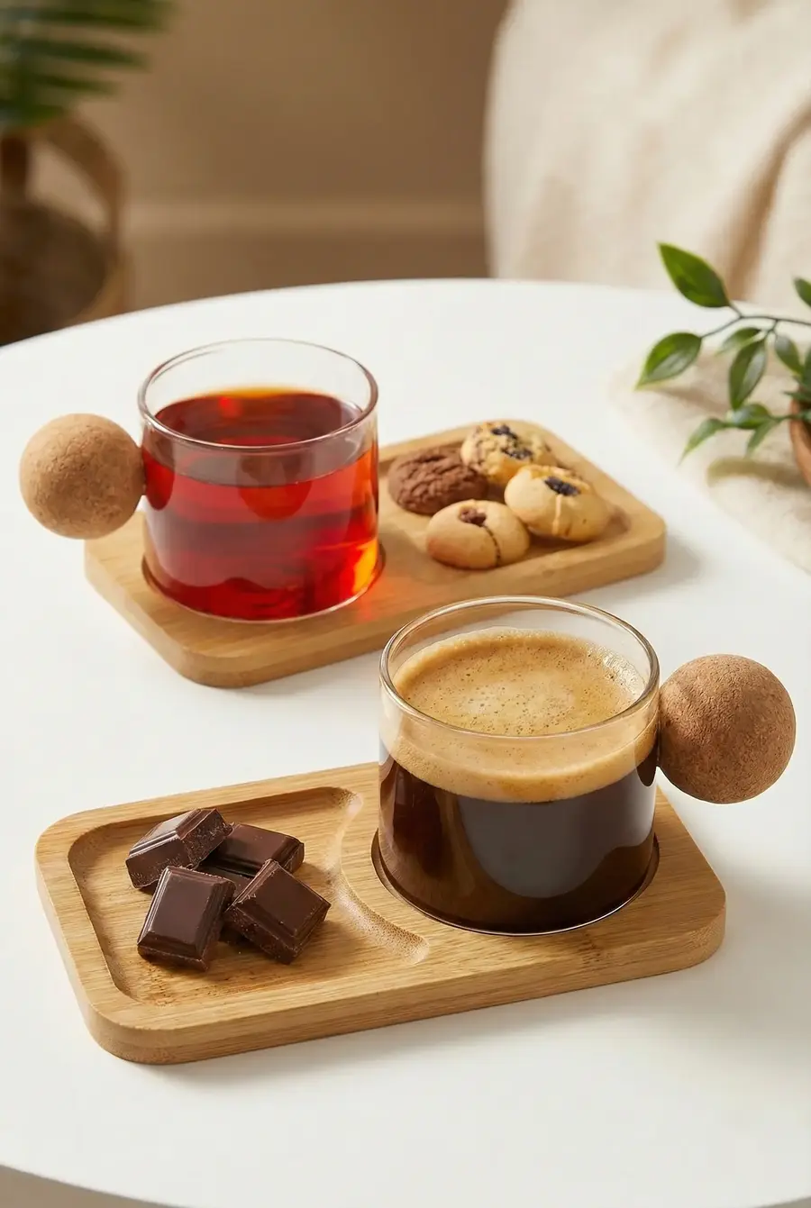 120 ml 2’li 4 Parça Mantar Kulplu Borosilikat Cam ve Bambu Tabaklı Fincan Takımı