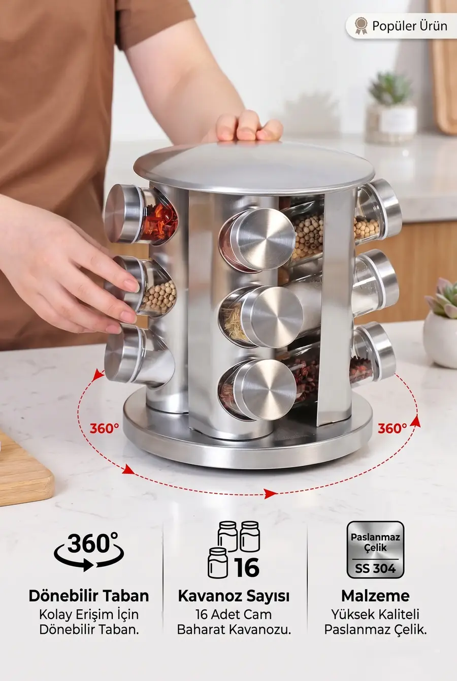 12’li Paslanmaz Metal Döner Stantlı Cam Baharatlık Seti