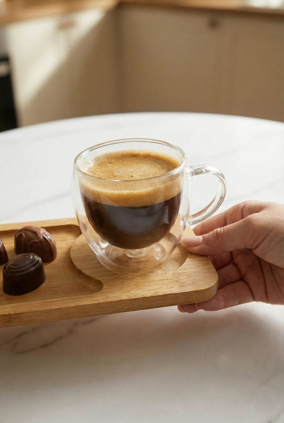4 Parça 2 Kişilik Çift Cidarlı Bardak ve Bambu Tabaklı Espresso & Kahve Fincan Takımı