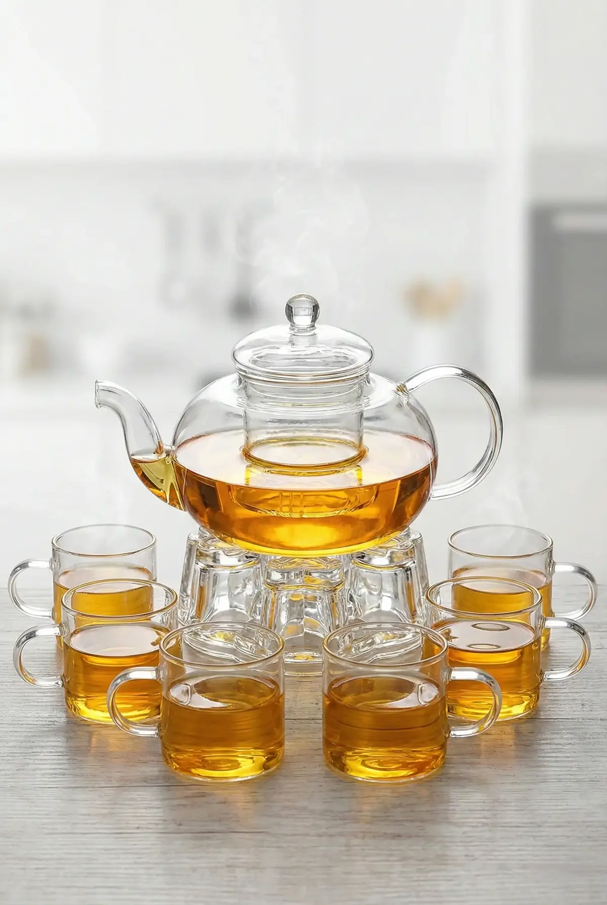 7 Parça Borosilikat Cam Çaydanlık Takımı (800 ml Demlik ve 6 Adet Fincan)