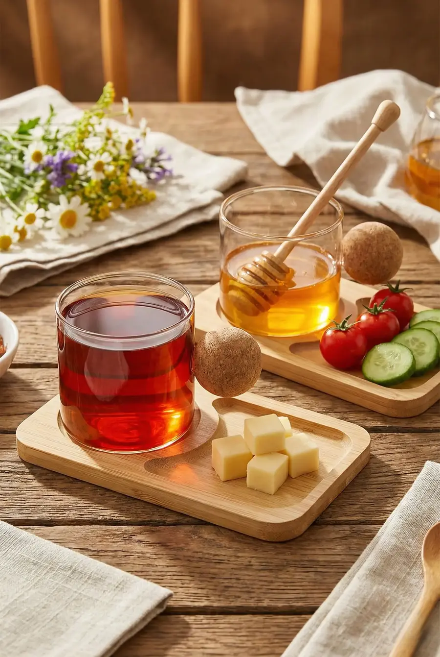 120 ml 6’lı 12 Parça Mantar Kulplu Borosilikat Cam ve Bambu Tabaklı Fincan Takımı