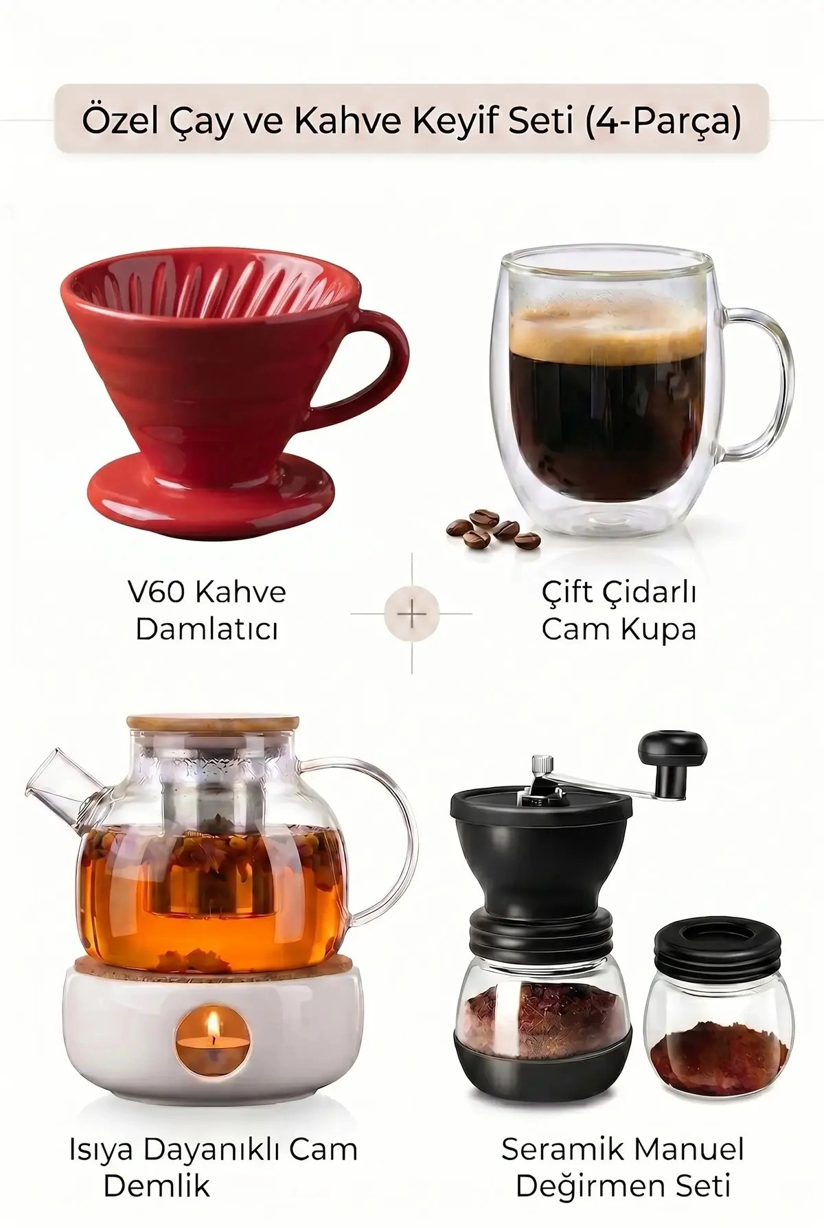 Filtre Kahve Seti Manuel Kahve Değirmeni V60 Kırmızı Dripper Demlik ve Kahve Bardağı