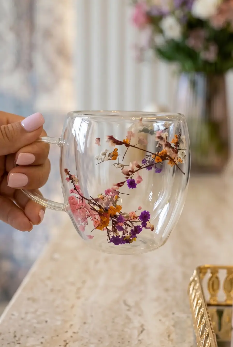 250 ml Isıya Dayanıklı Borosilikat Çift Cidarlı Çiçekli Bardak Flower Cup