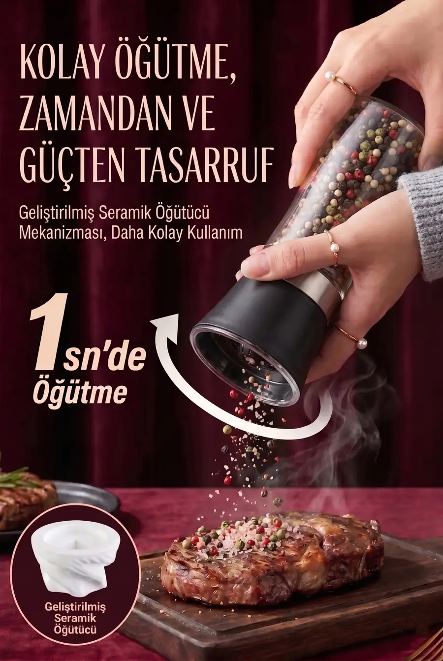 2 Adet Cam Gövdeli Kapaklı Tuz ve Karabiber Değirmeni - 13 cm