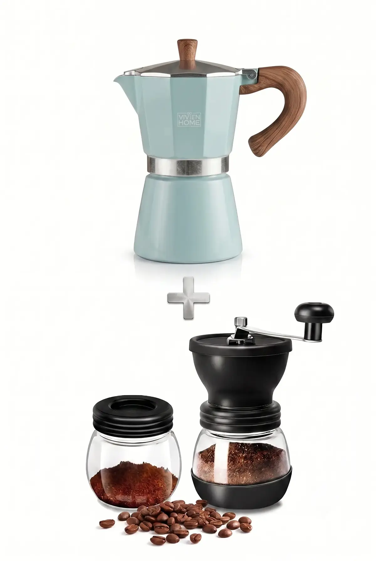 Moka Pot Kahve Seti Manuel Kahve Değirmeni ve 6 Fincan Turkuaz Moka Pot
