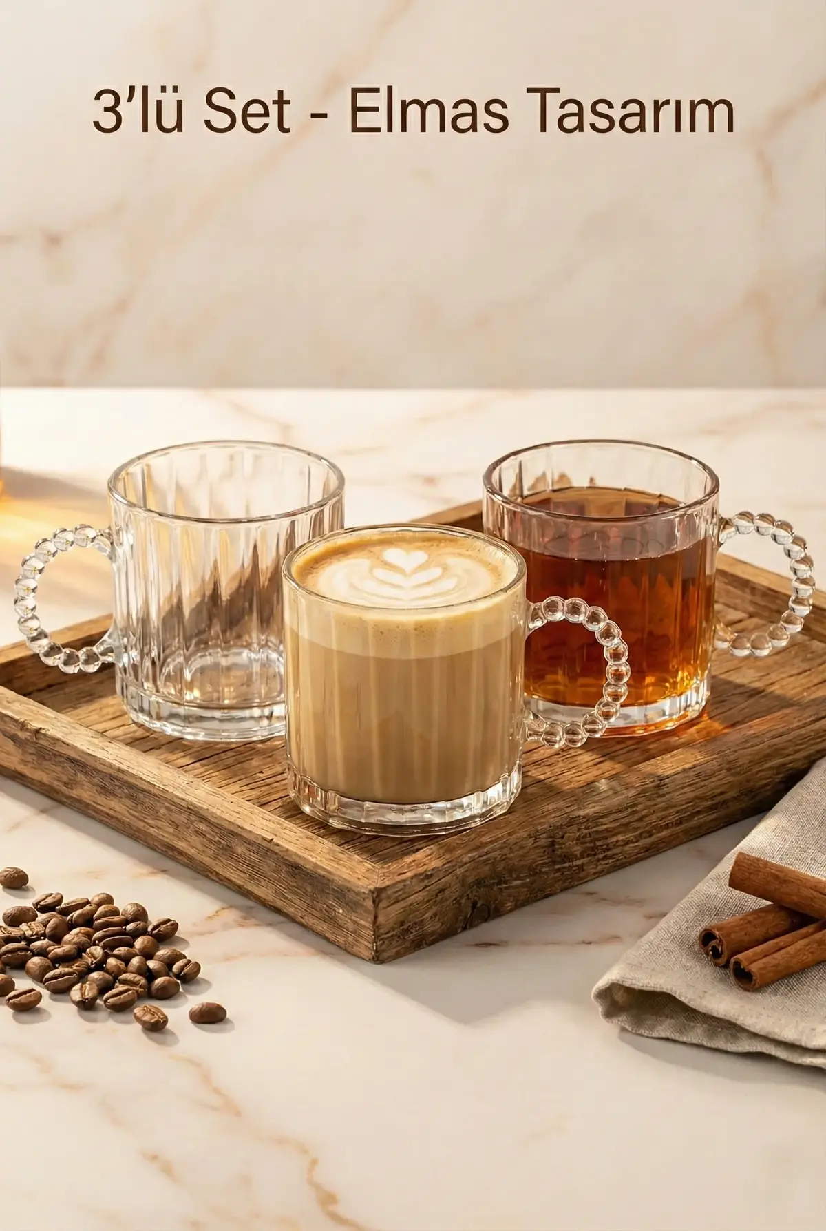 3’lü Boncuk Kulplu Çay, Kahve, Kokteyl ve Meşrubat Bardağı Seti