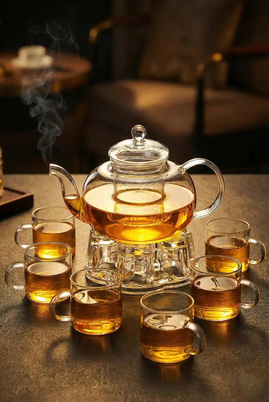 7 Parça Borosilikat Cam Çaydanlık Takımı (800 ml Demlik ve 6 Adet Fincan)