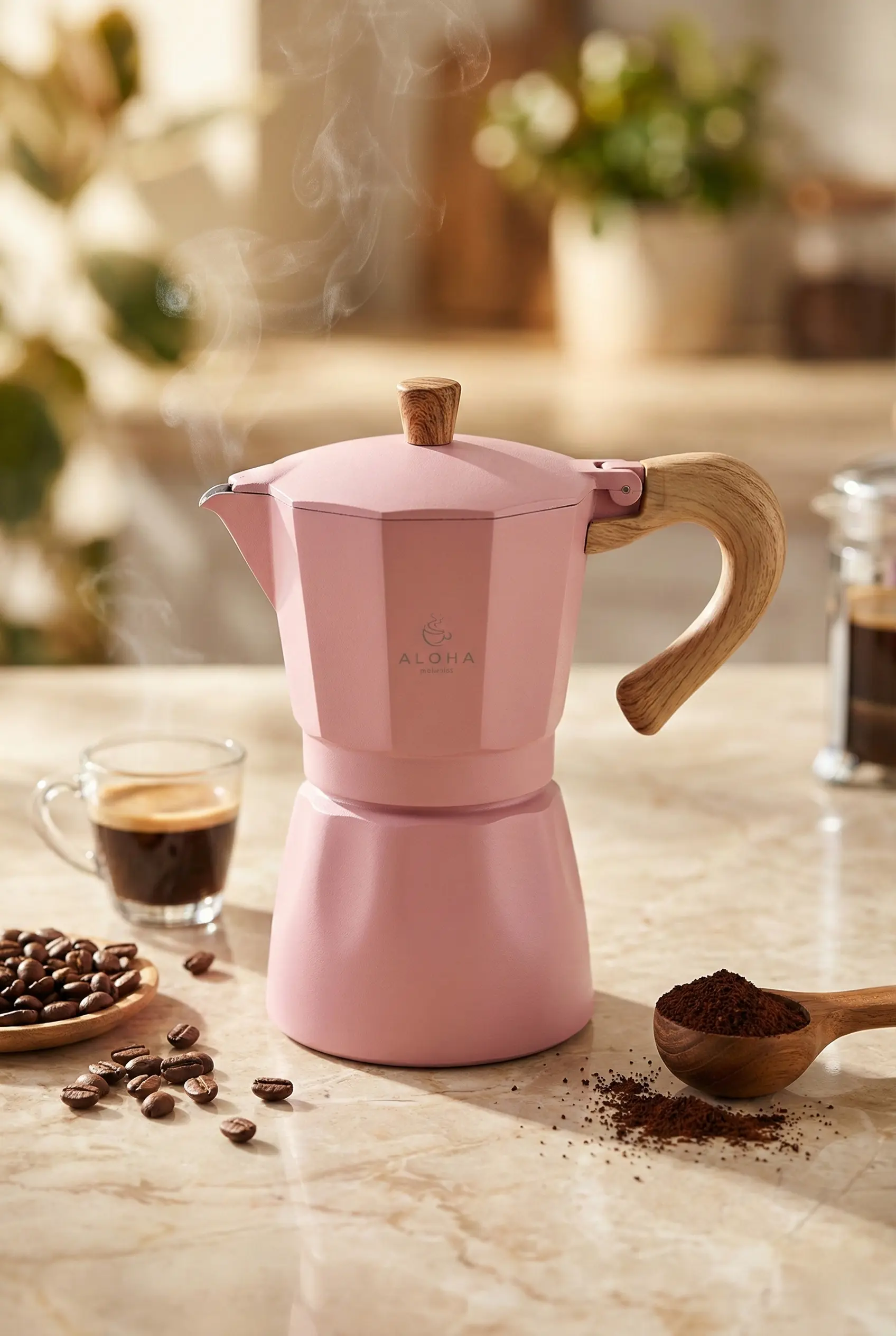 Pembe 6 Fincan Kapasiteli Moka Pot - Ocak Üstü İtalyan Espresso Makinesi