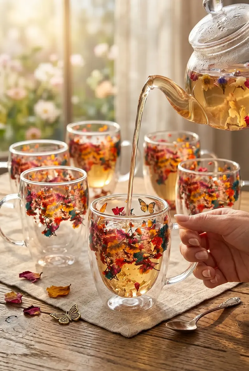 6’lı Çift Cidarlı Flower Cup Dekoratif Çiçekli Borosilikat Cam Bardak Seti 350 ml