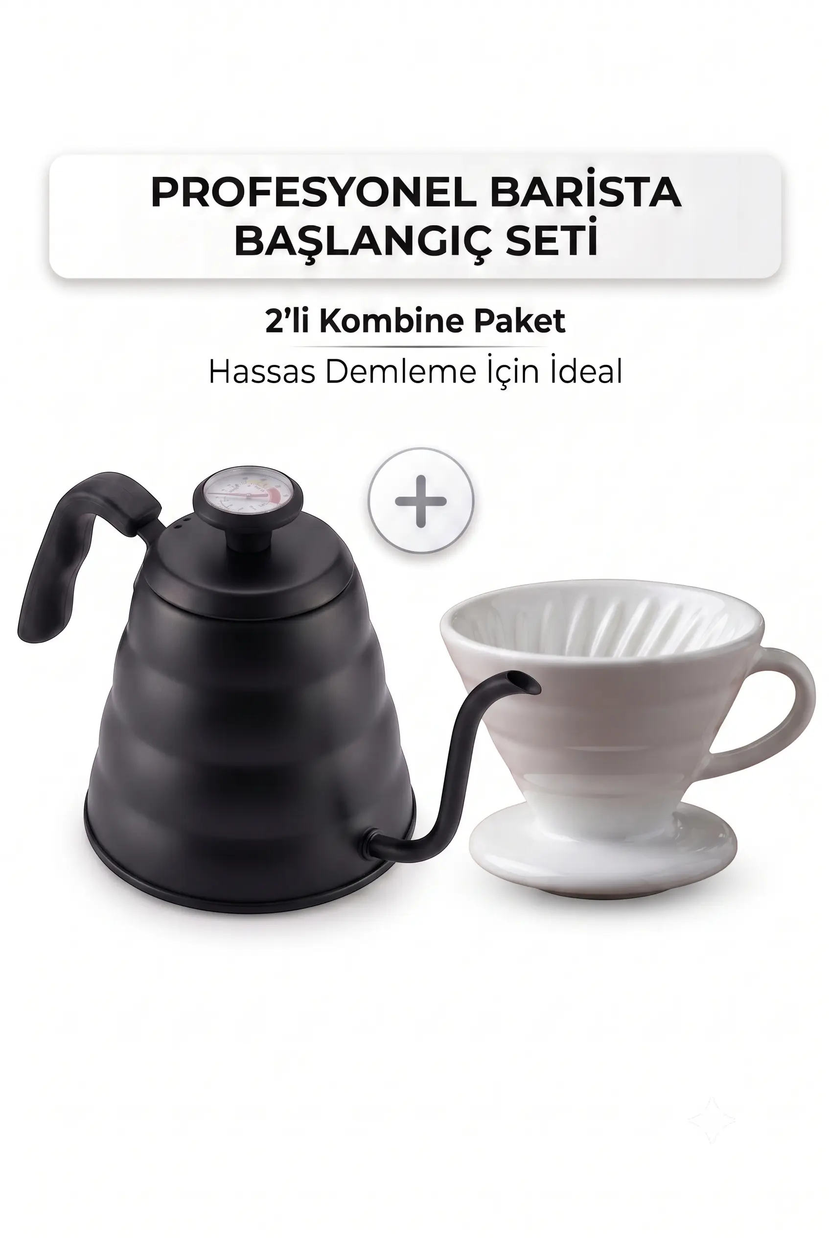 V60 Kahve Demleme Seti Termometreli Siyah Barista Kettle ve Beyaz Seramik Dripper