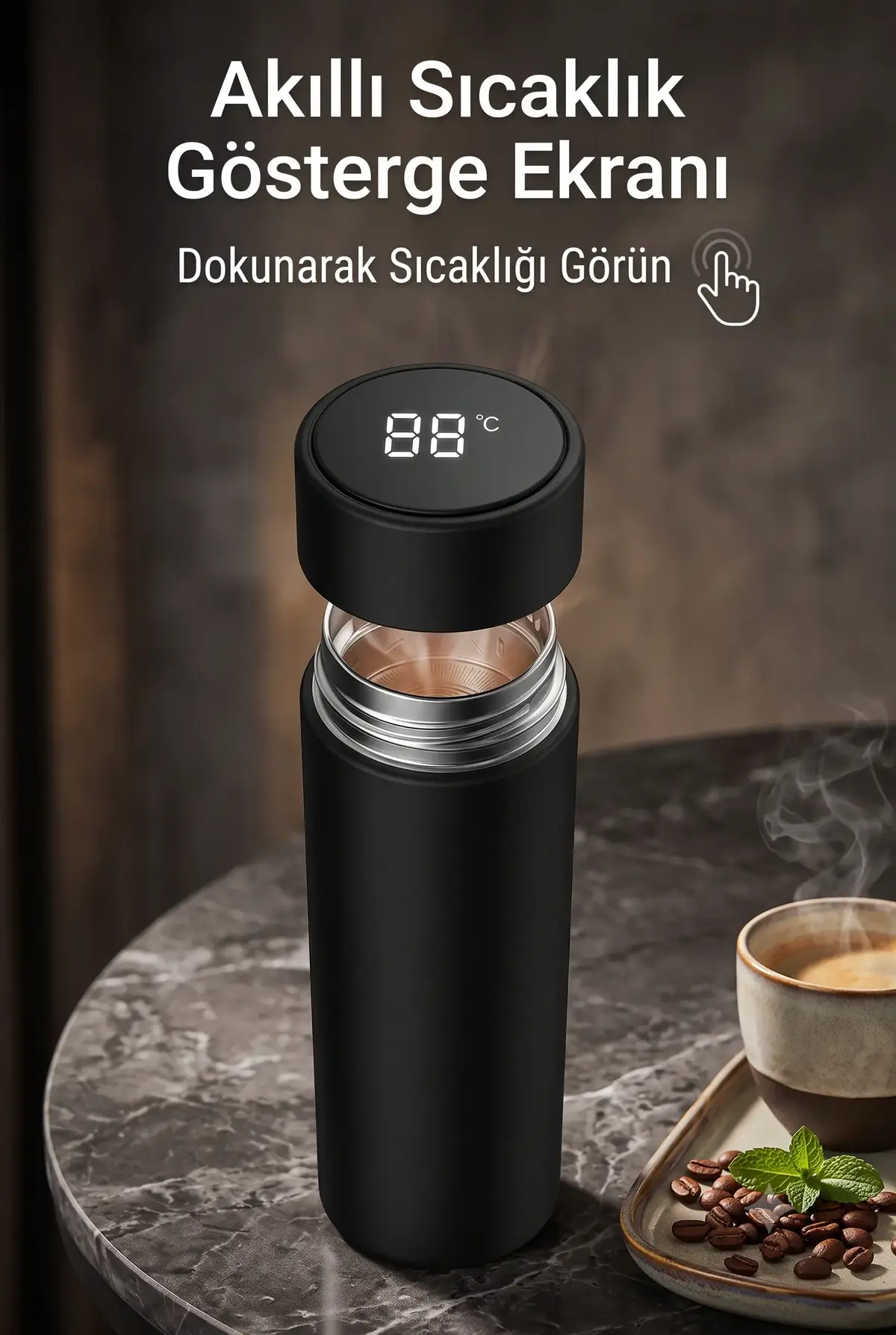 Siyah Dijital Sıcaklık Göstergeli Akıllı Termos - 500 ml