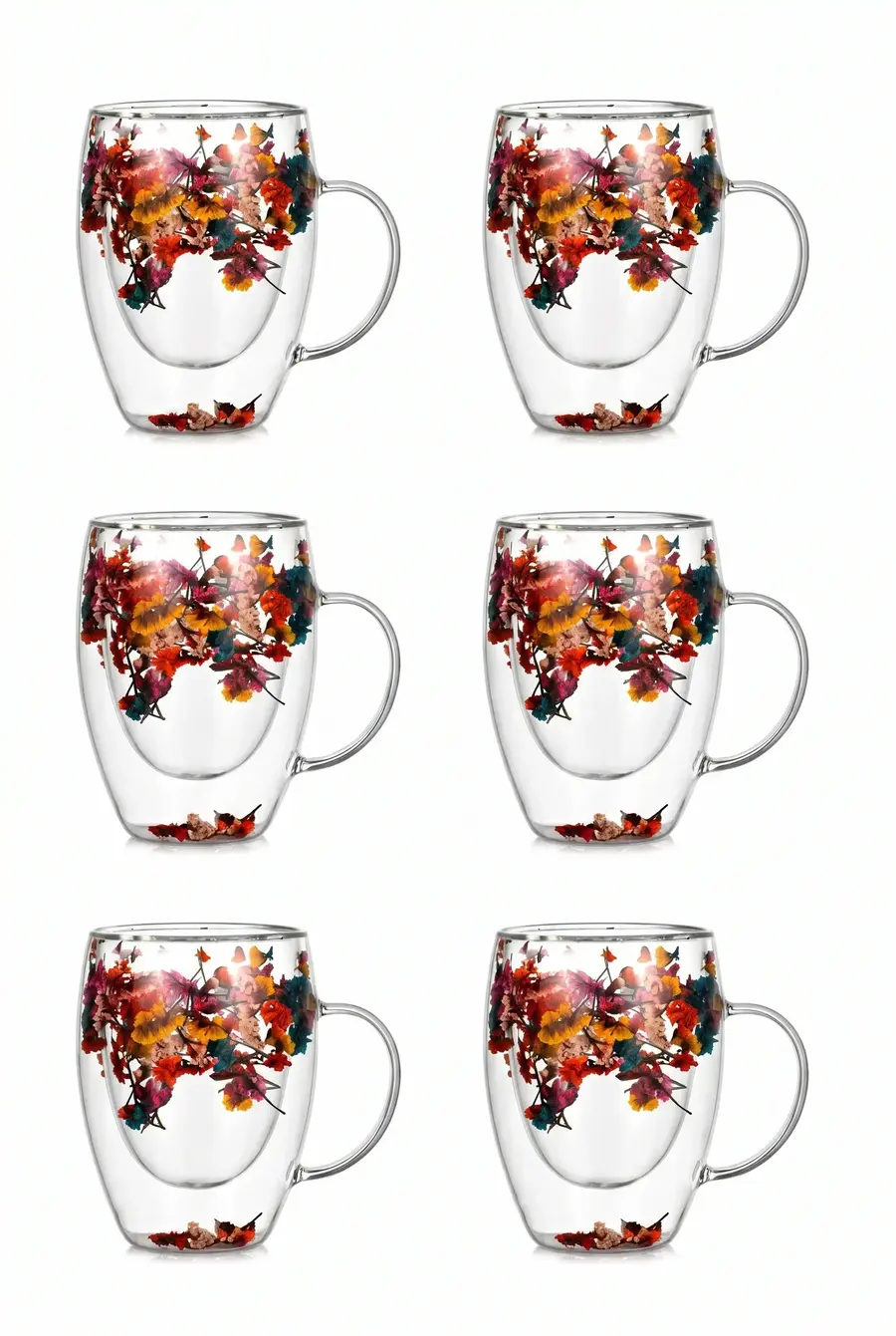 6’lı Çift Cidarlı Flower Cup Dekoratif Çiçekli Borosilikat Cam Bardak Seti 350 ml