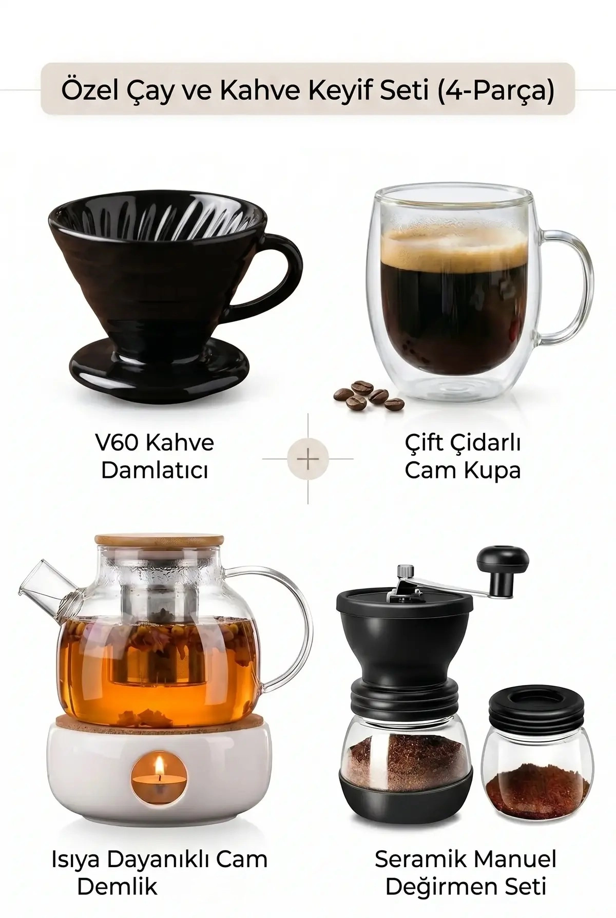 Filtre Kahve Seti Manuel Kahve Değirmeni V60 Siyah Dripper Demlik ve Kahve Bardağı