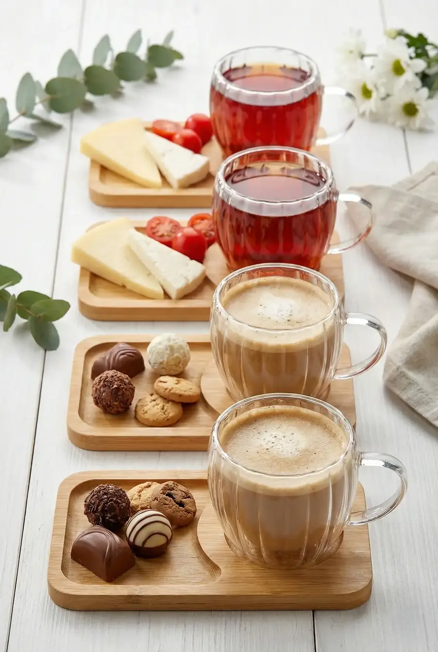 120 ml 4’lü 8 Parça Çift Cidarlı Bardak ve Bambu Tabaklı Espresso Fincan Takımı