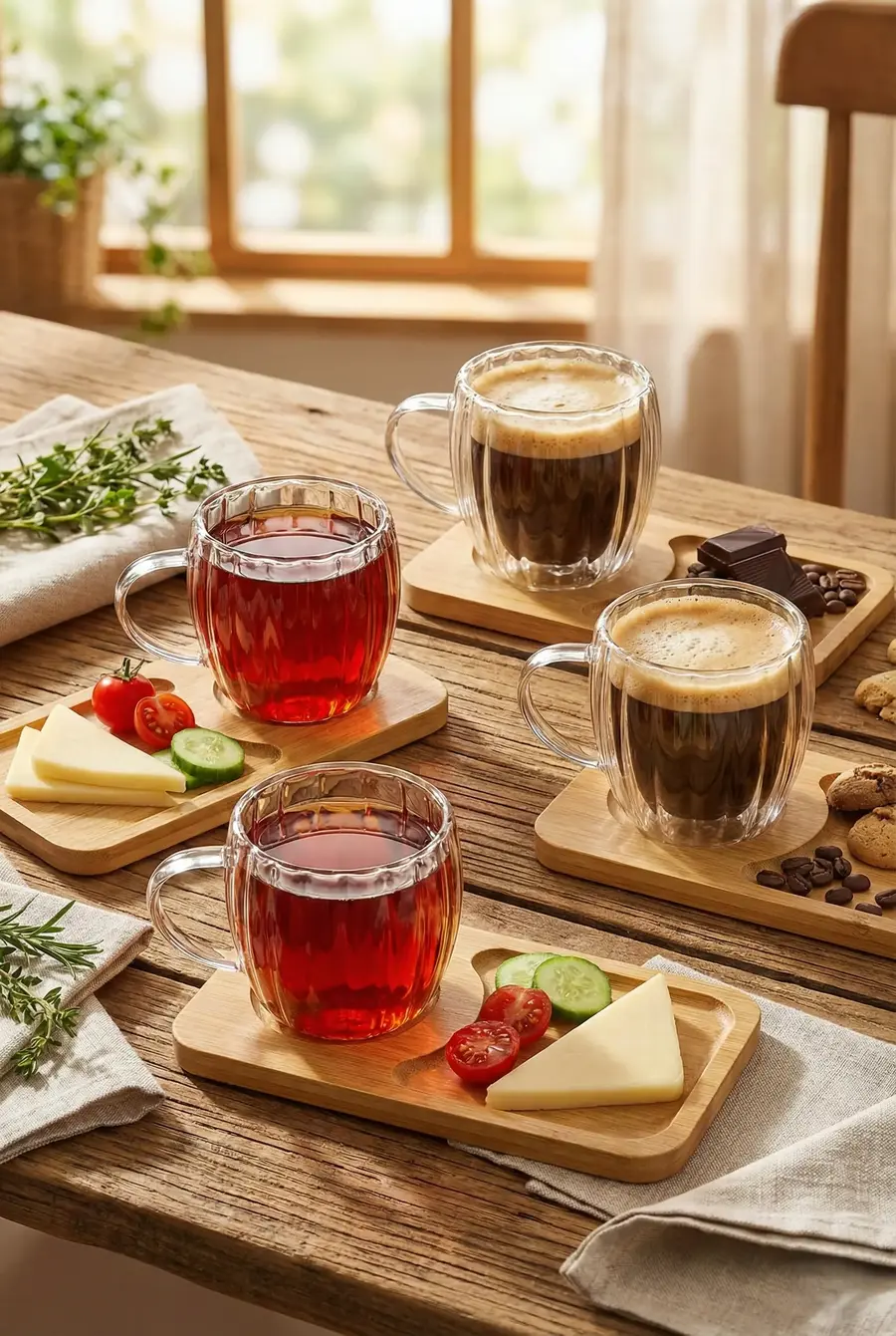 120 ml 4’lü 8 Parça Çift Cidarlı Bardak ve Bambu Tabaklı Espresso Fincan Takımı