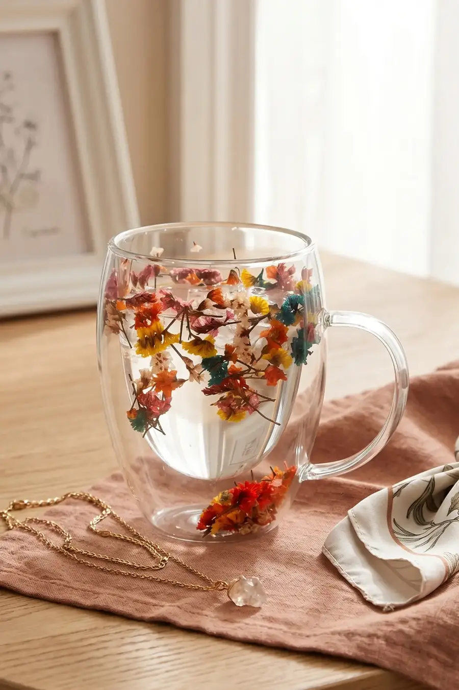 350 ml Isıya Dayanıklı Borosilikat Çift Cidarlı Flower Cup Çiçekli Bardak