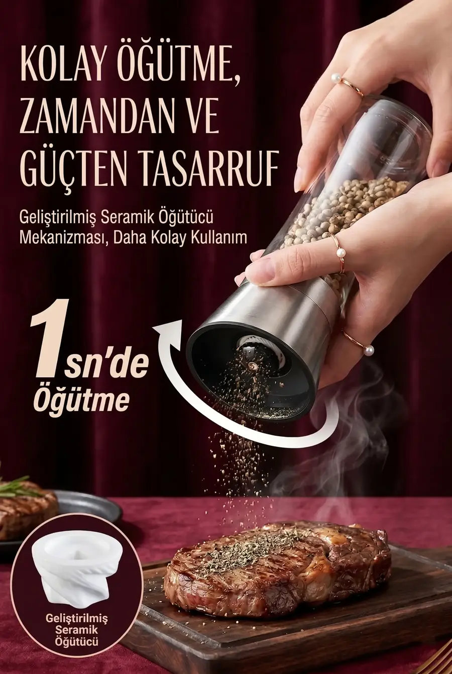 1 Adet Cam Gövdeli Paslanmaz Çelik Kapaklı Tuz ve Karabiber Değirmeni Öğütücü (19 cm)