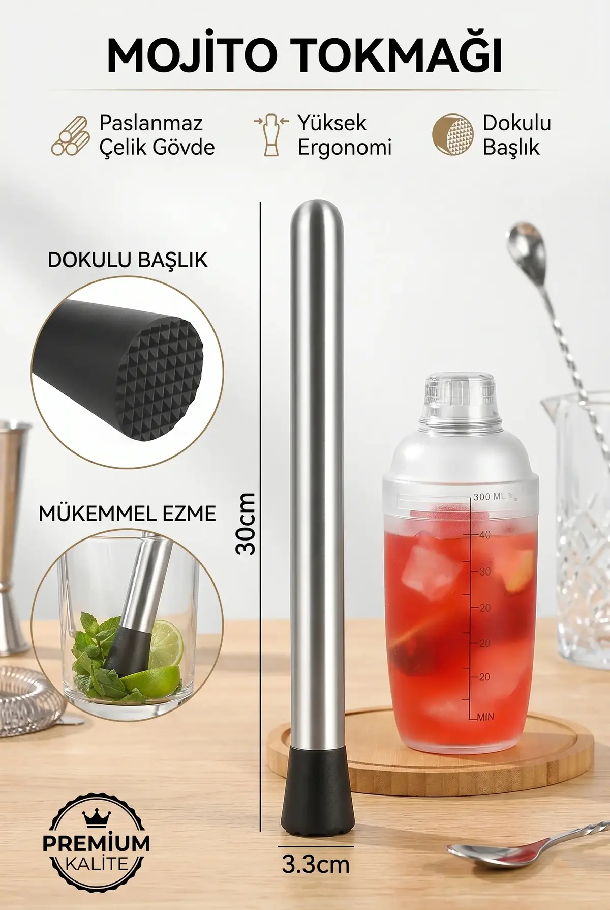 Paslanmaz Çelik Profesyonel Metal Mojito Tokmağı - Kokteyl Muddler