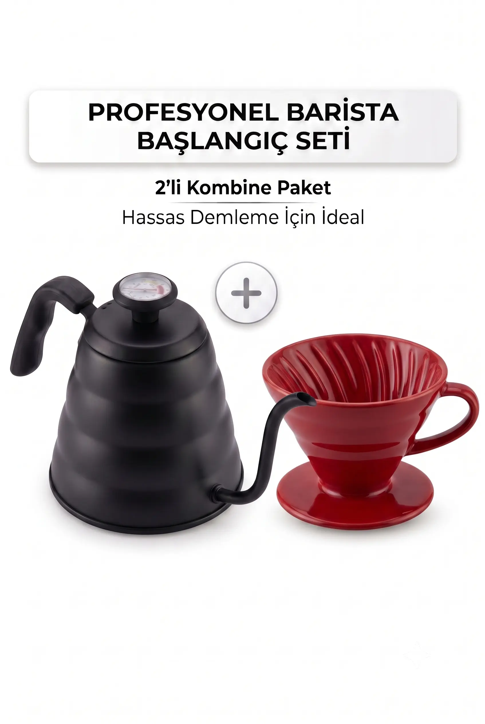 V60 Kahve Demleme Seti Termometreli Siyah Barista Kettle ve Kırmızı Seramik Dripper