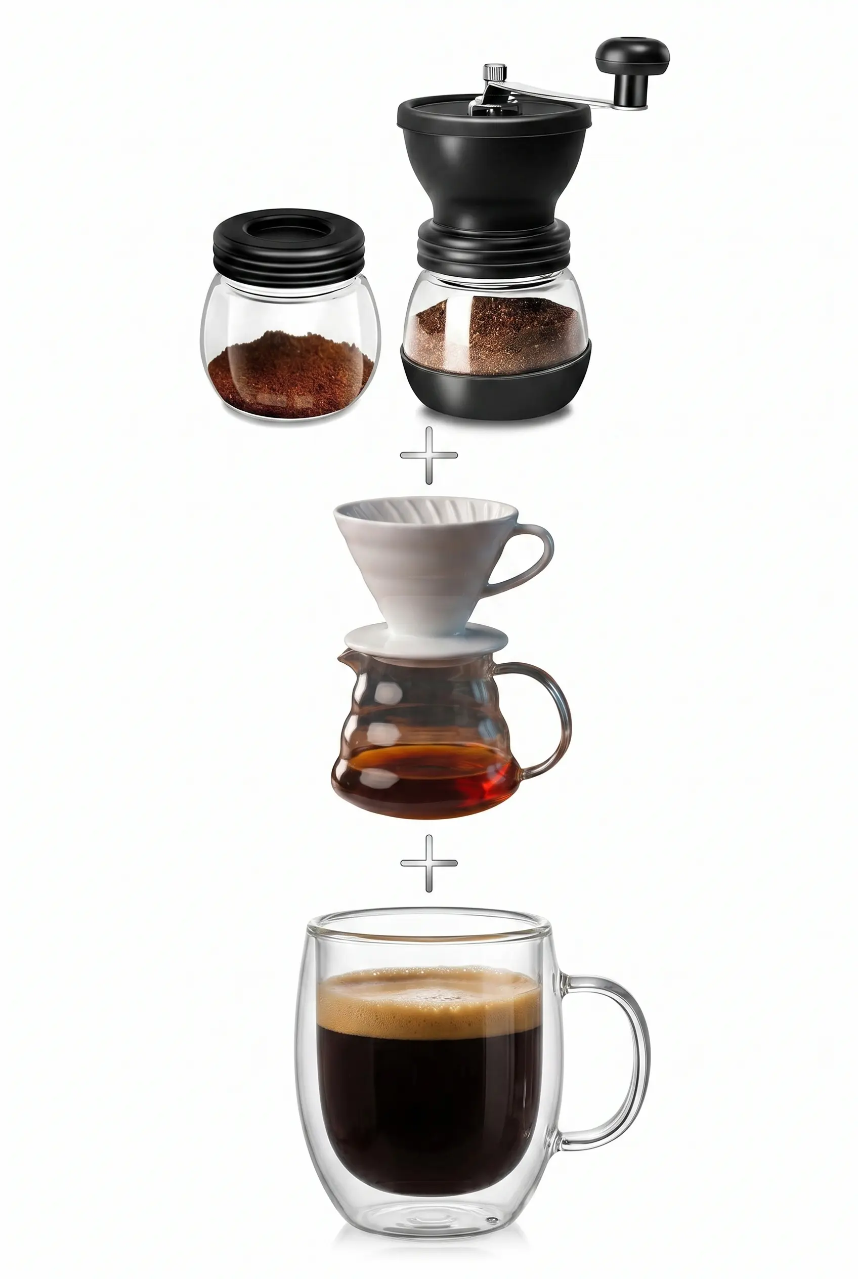 V60 Kahve Seti Manuel Kahve Değirmeni Beyaz Dripper ve Çift Cidarlı Bardak