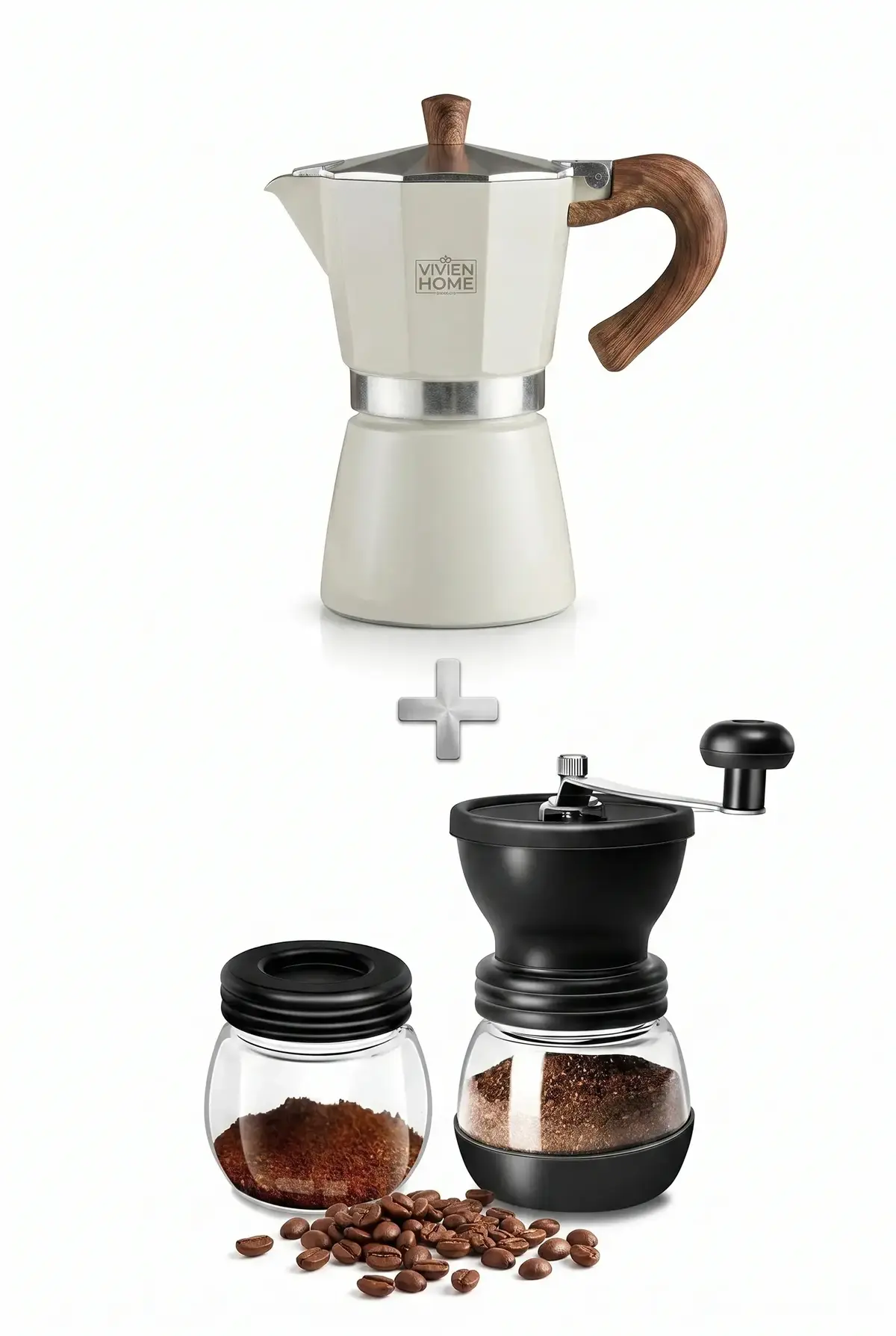 Moka Pot Kahve Seti Manuel Kahve Değirmeni ve 6 Fincan Bej Moka Pot