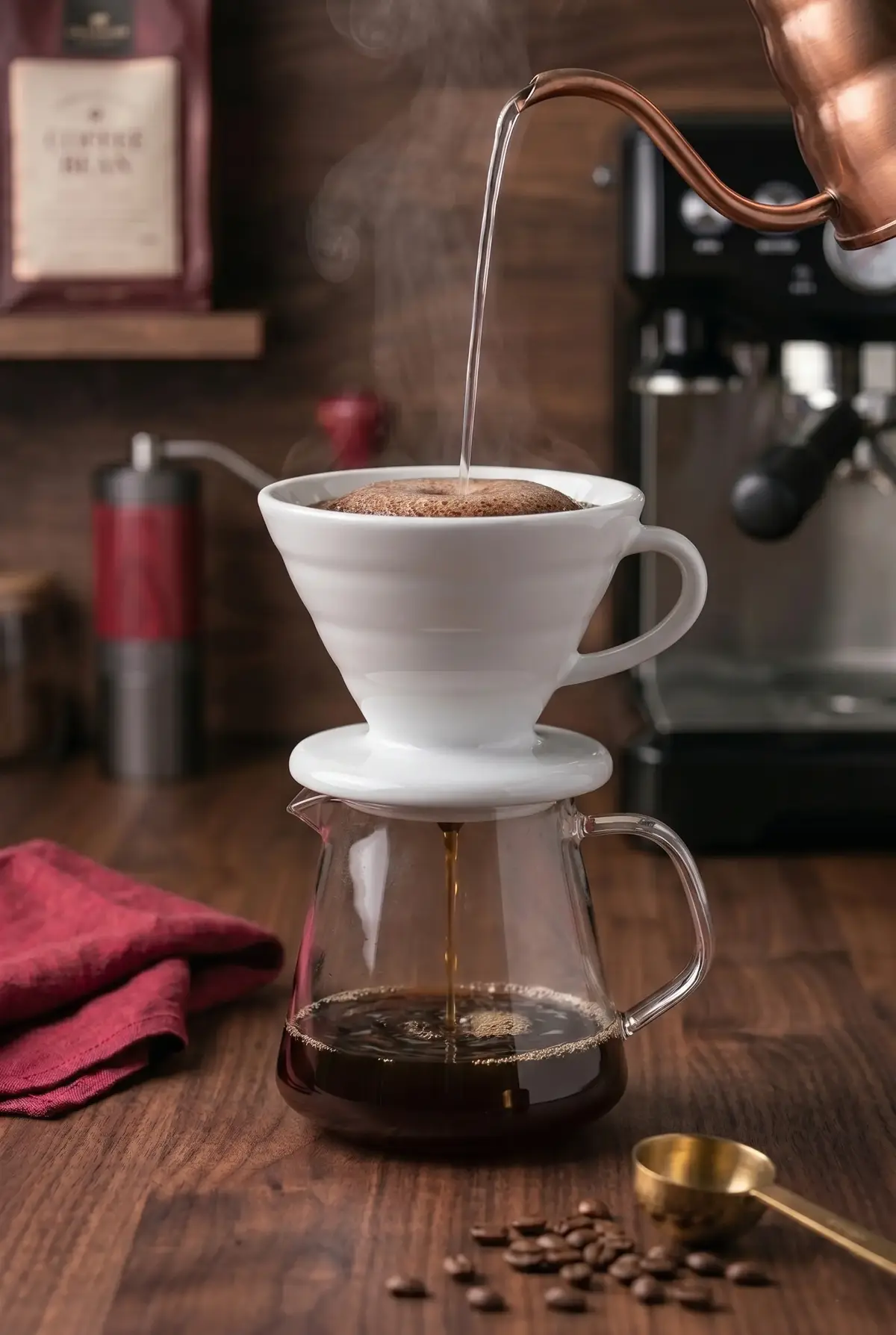 V60 02 Beyaz Kahve Sürahi Seti - 500 ml Cam Demlik ve Seramik Dripper