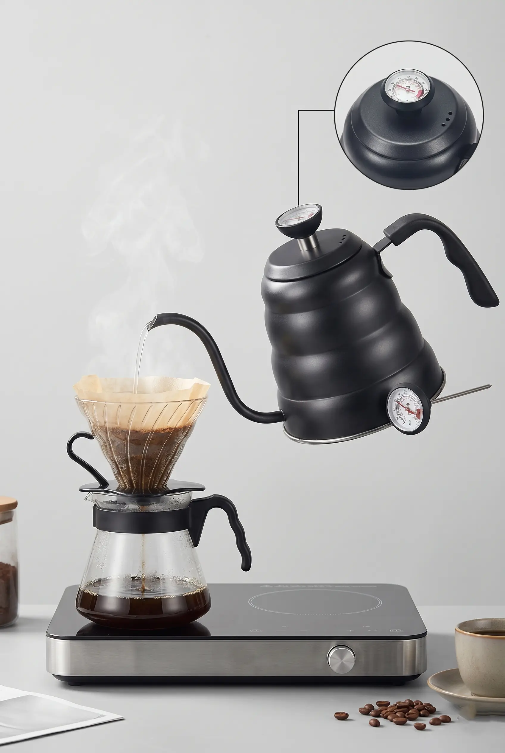 1200 ml Siyah Termometre Göstergeli Barista Kettle 3. Nesil Kahve Demleme Ekipmanı