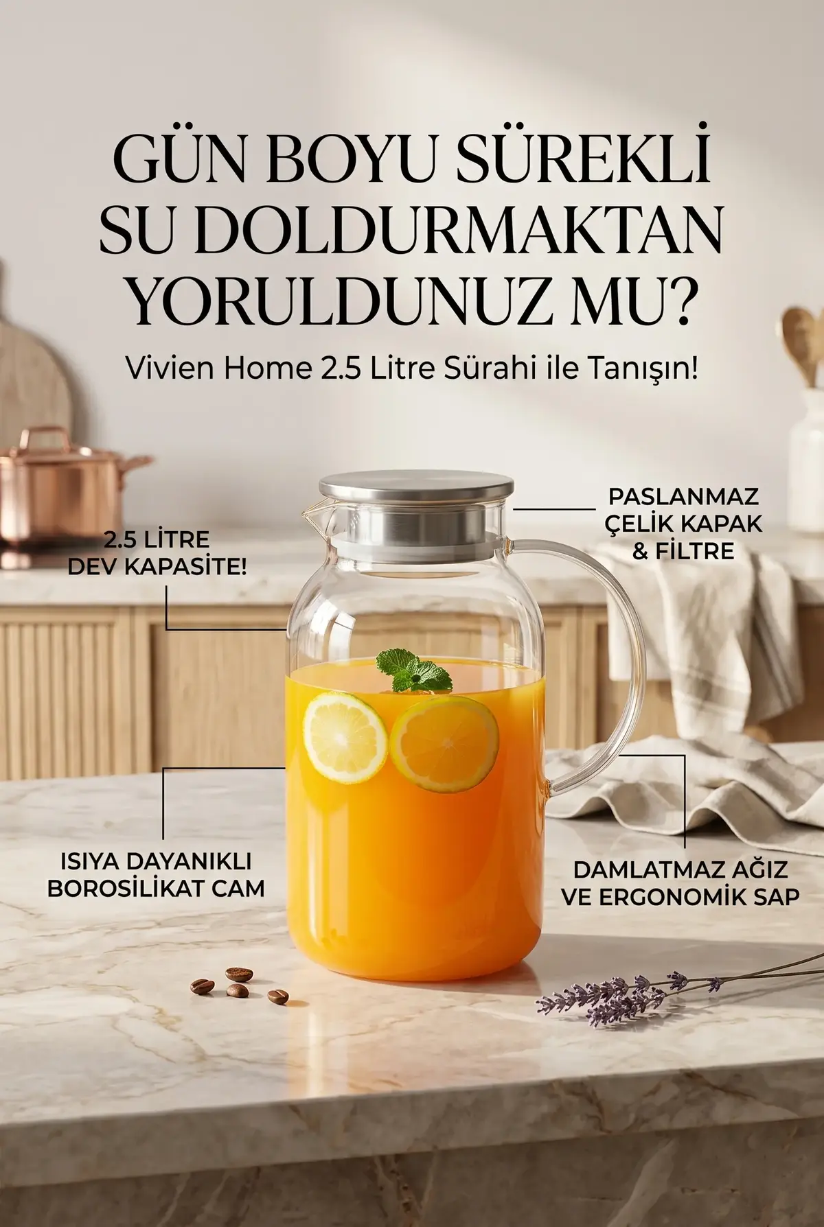 2.5 Litre Borosilikat Cam Sürahi - Isıya Dayanıklı Büyük Boy