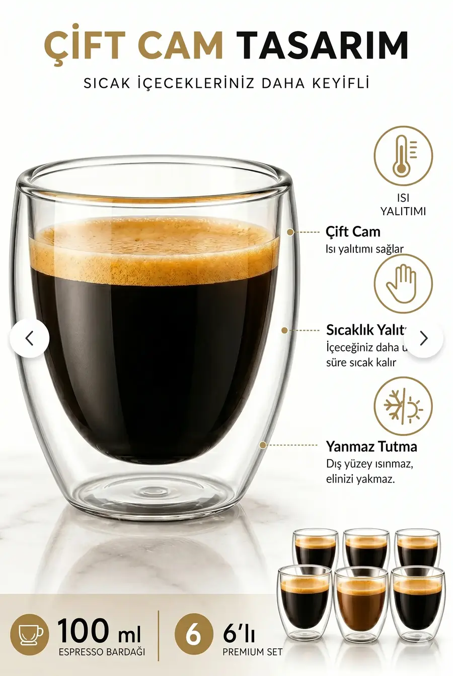 6lı Premium Set Çift Cidarlı Borosilikat Cam Espresso ve Sunum Bardağı 100 ml